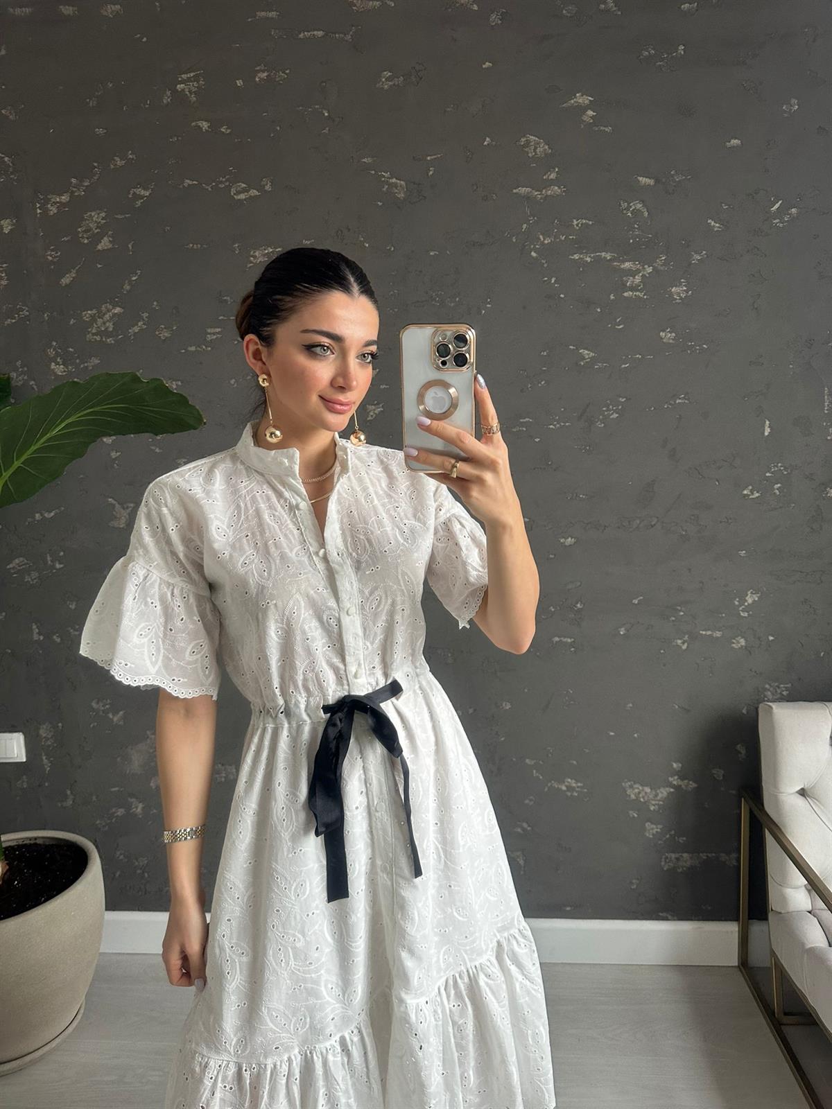Ekru Siyah Kuşaklı Lona Elbise