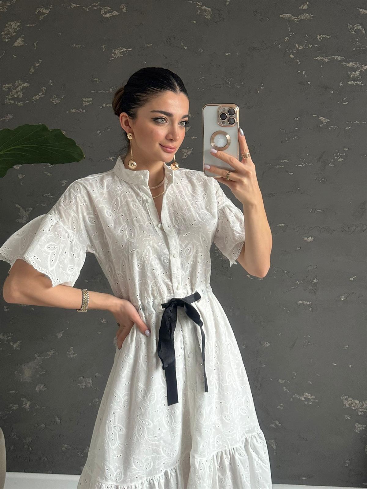 Ekru Siyah Kuşaklı Lona Elbise