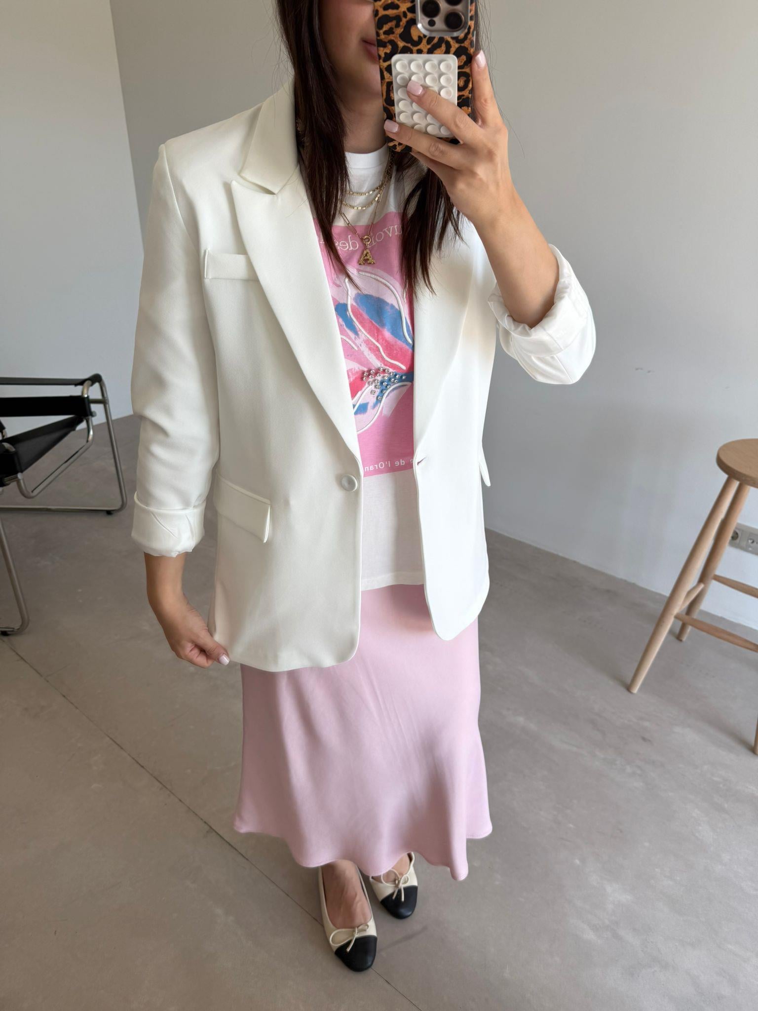 Ekru Tek Düğmeli Blazer Ceket