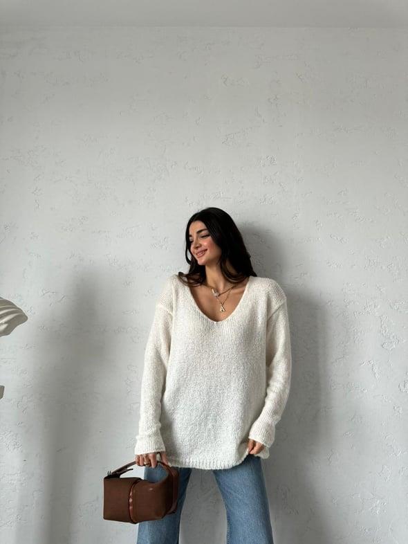 Ekru V Yaka Uzun Kollu Kazak