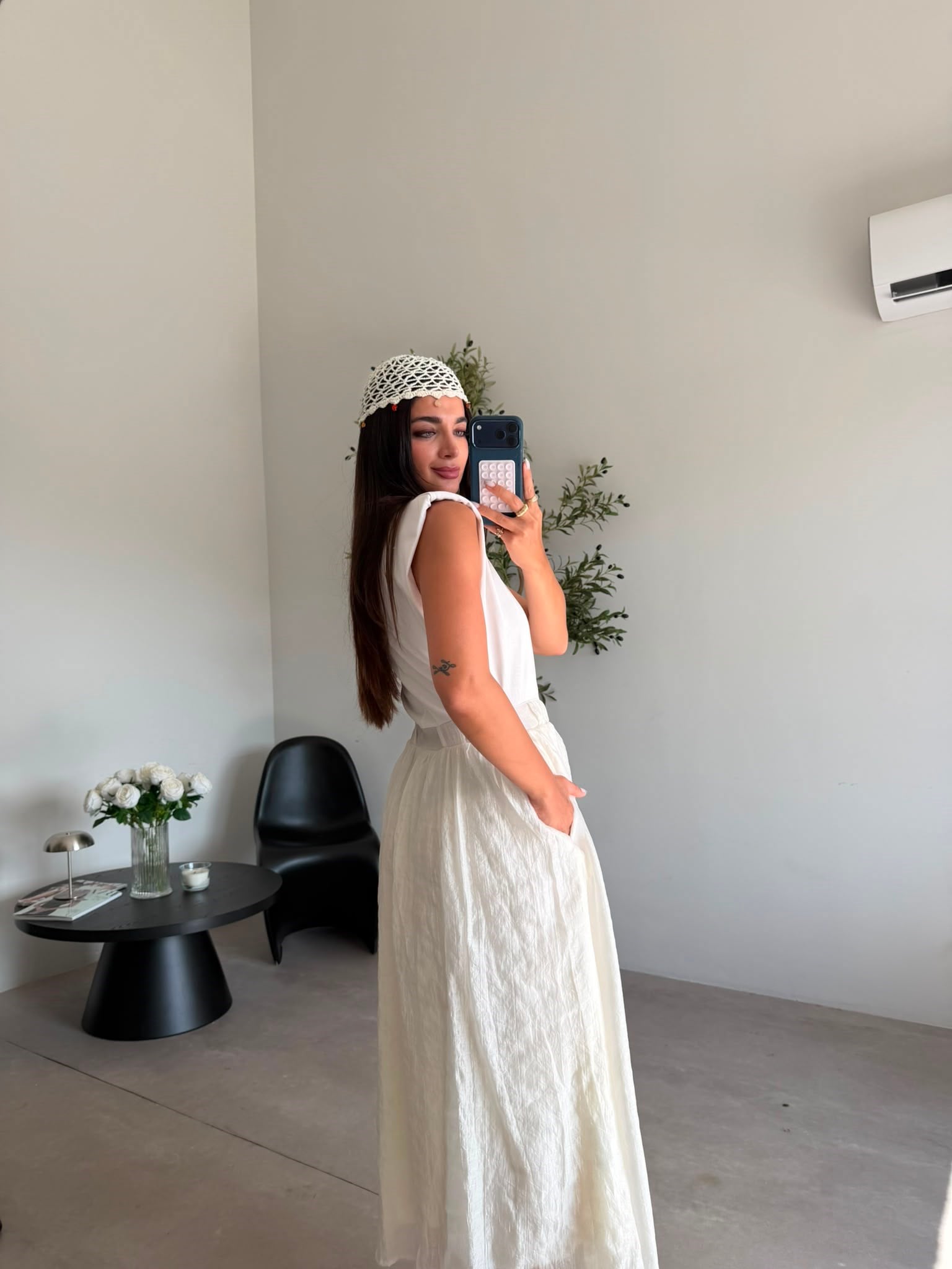 Ekru Vatkalı Kemerli Astarlı Elbise