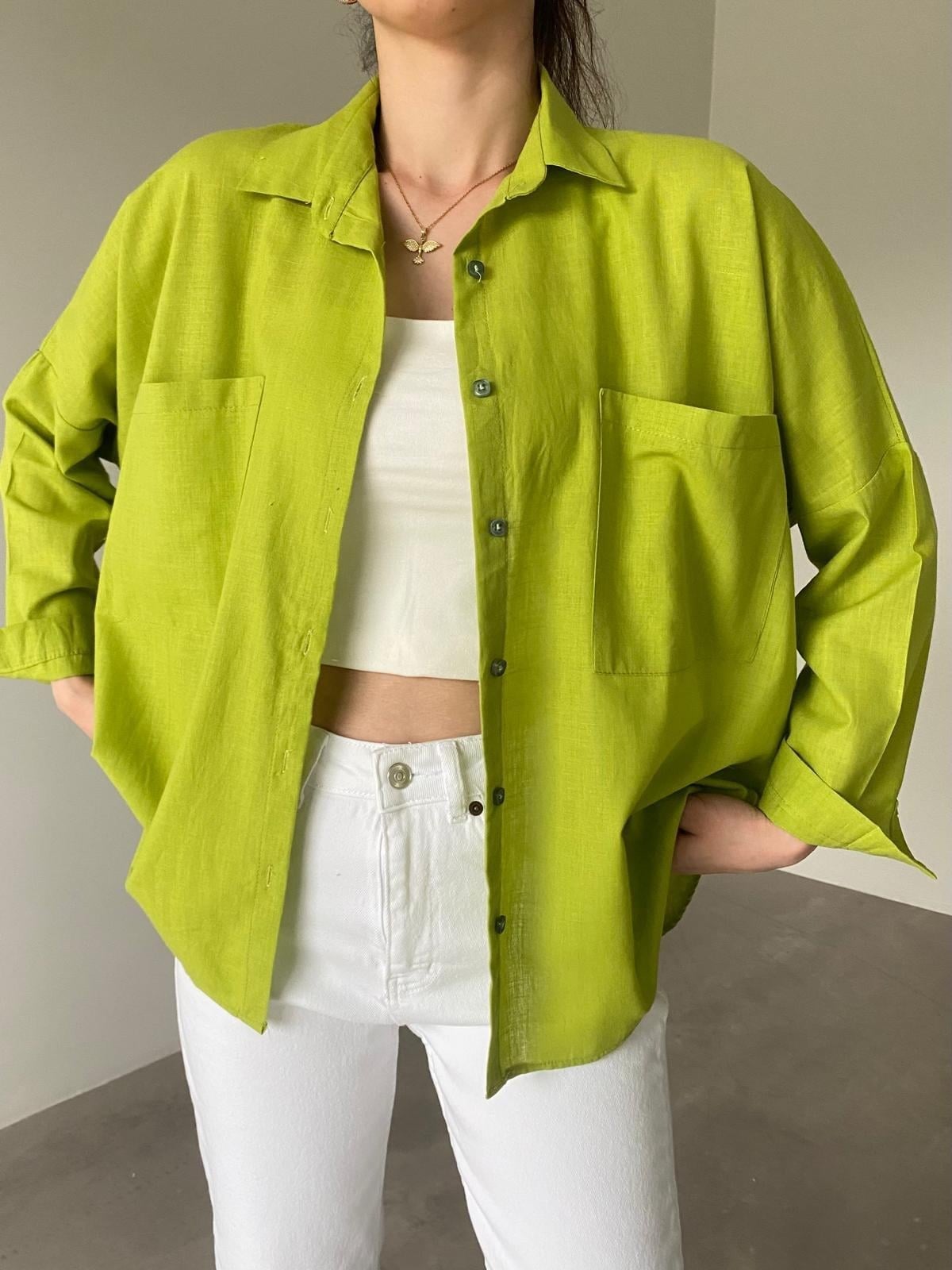 Fıstık Yeşili Oversize Lena Keten Gömlek