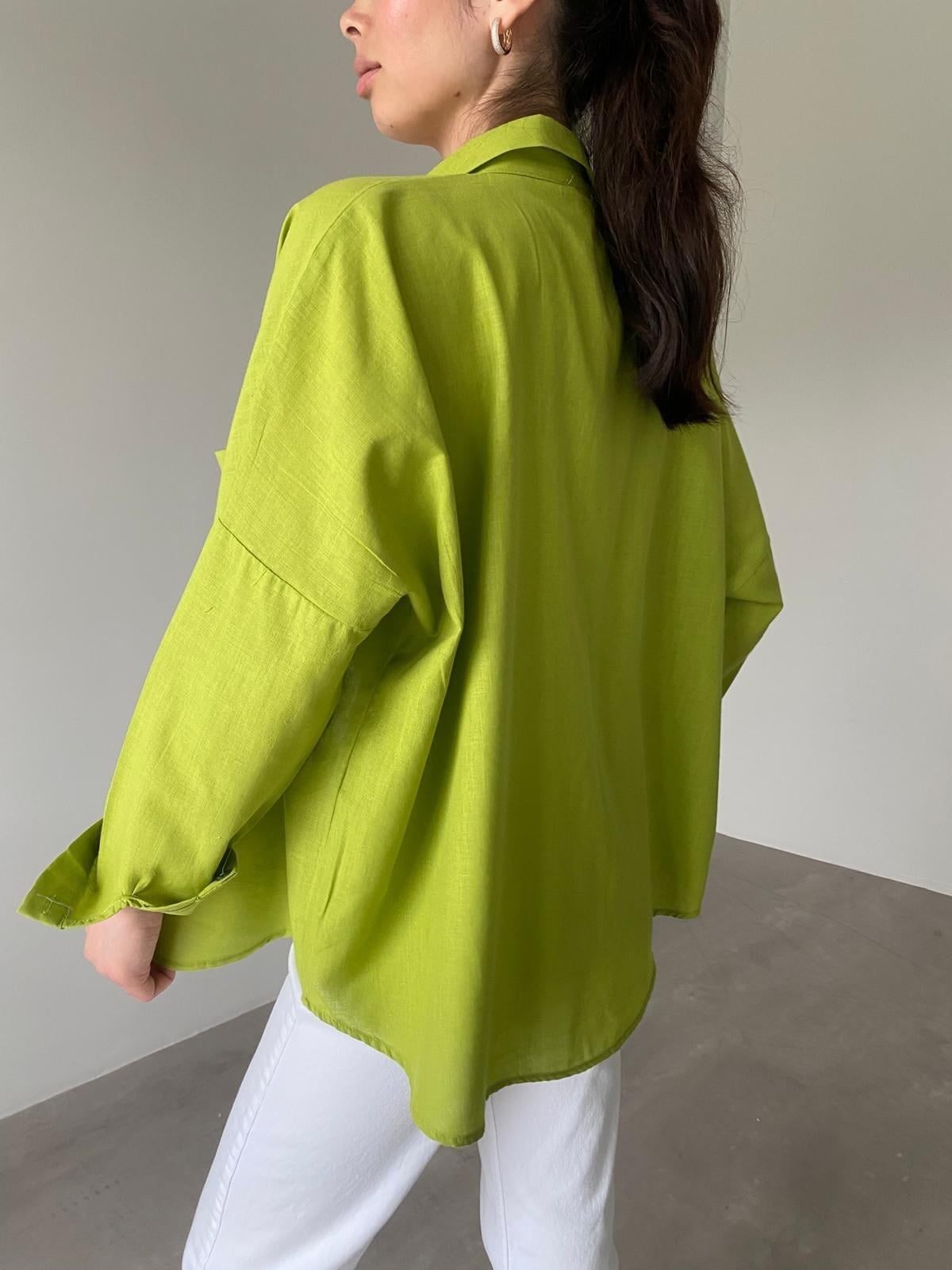 Fıstık Yeşili Oversize Lena Keten Gömlek