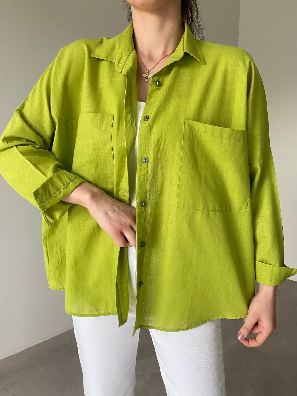 Fıstık Yeşili Oversize Lena Keten Gömlek