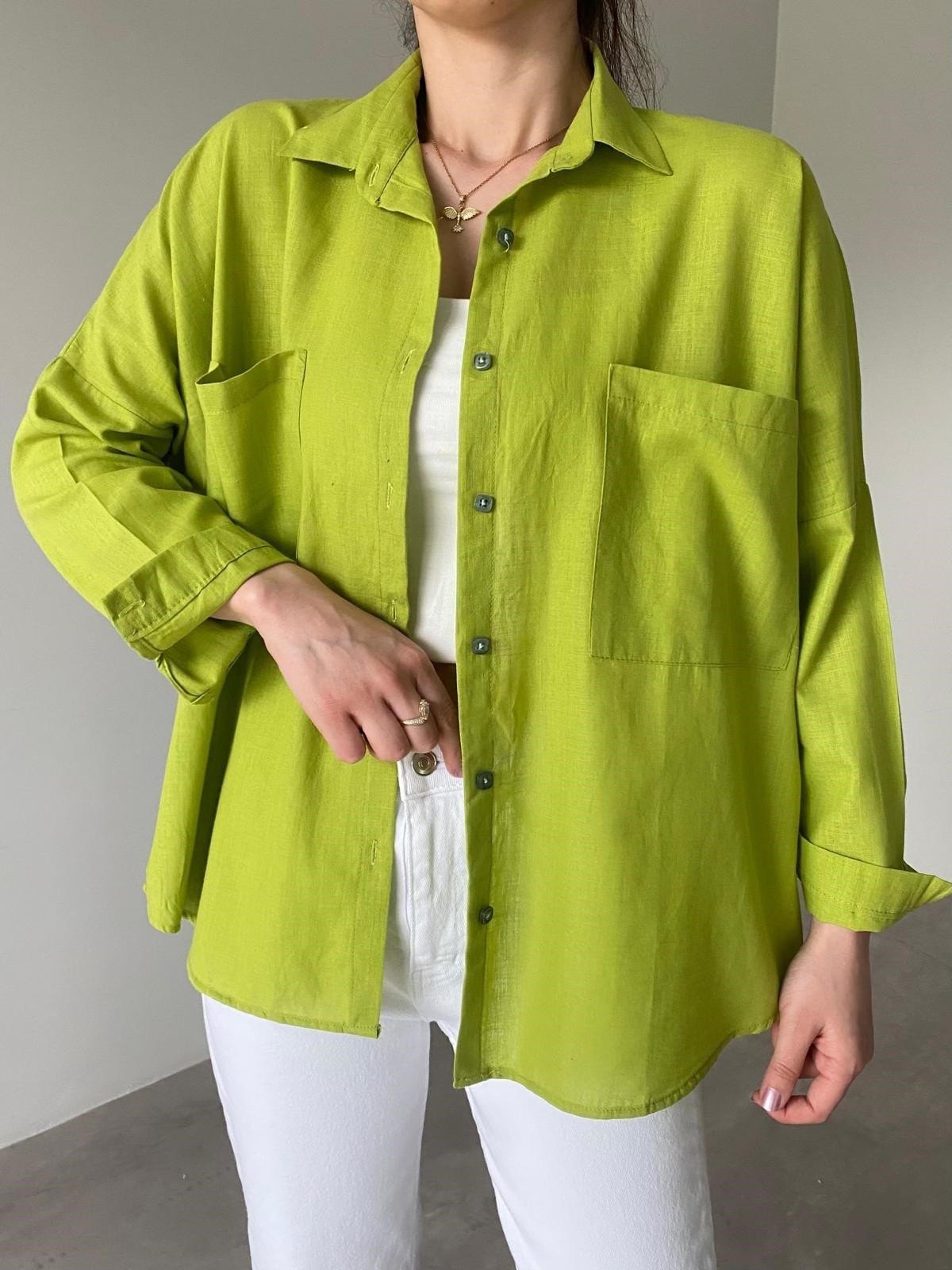 Fıstık Yeşili Oversize Lena Keten Gömlek
