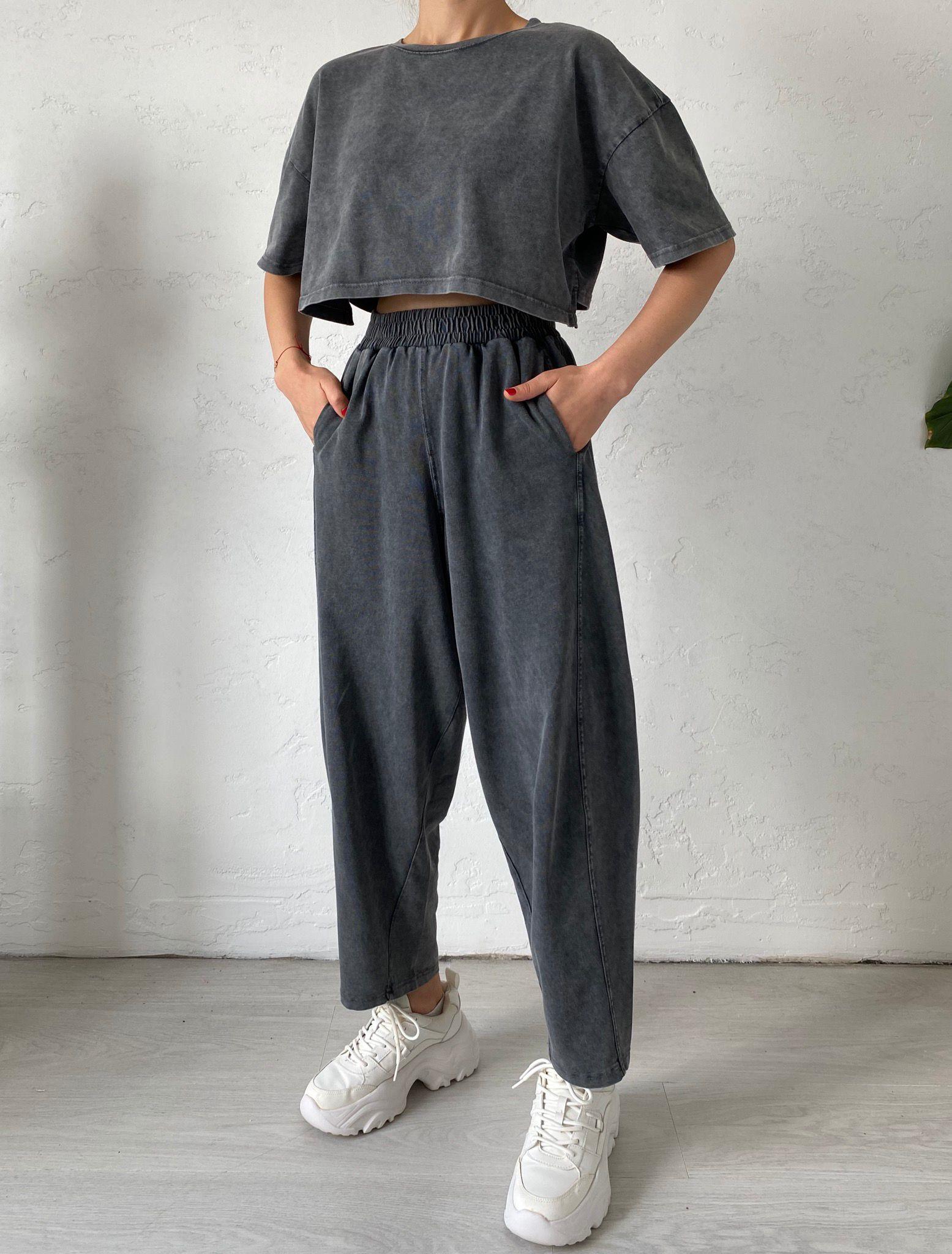 Füme Taşlanmış Oversize Takım
