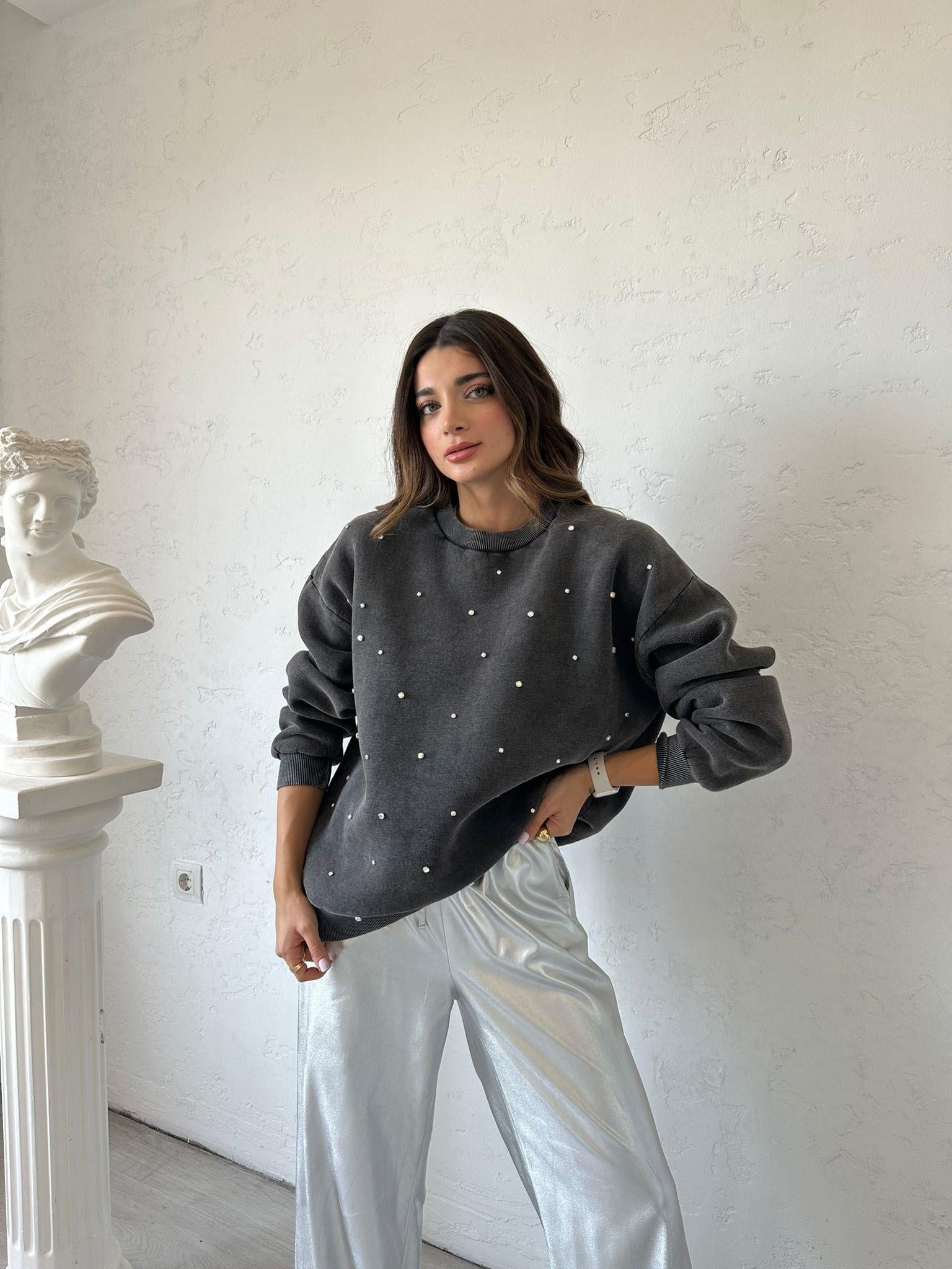 Füme Yıkamalı Taş Detaylı Sweat