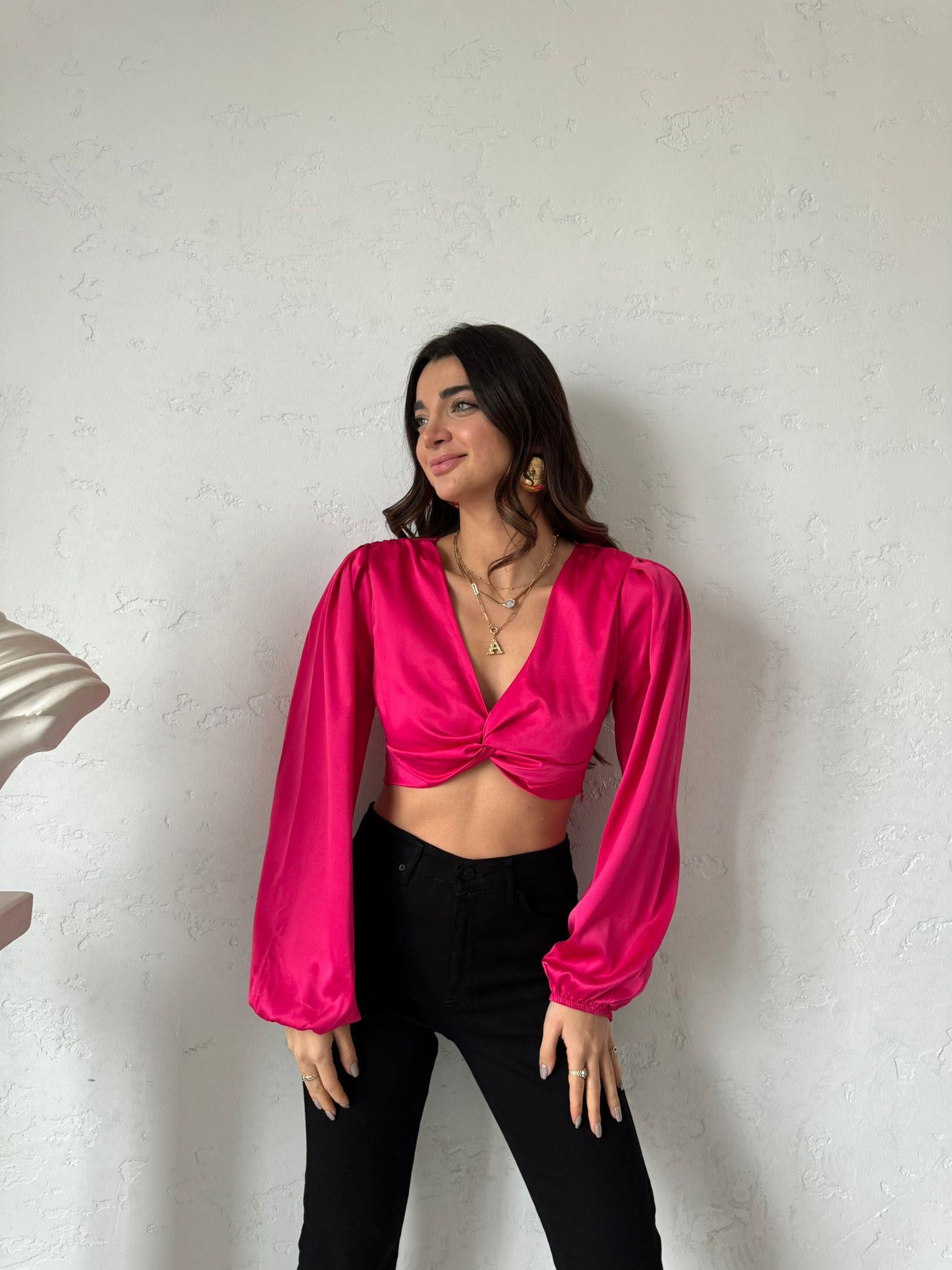 Fuşya Önü Düğümlü Crop Bluz