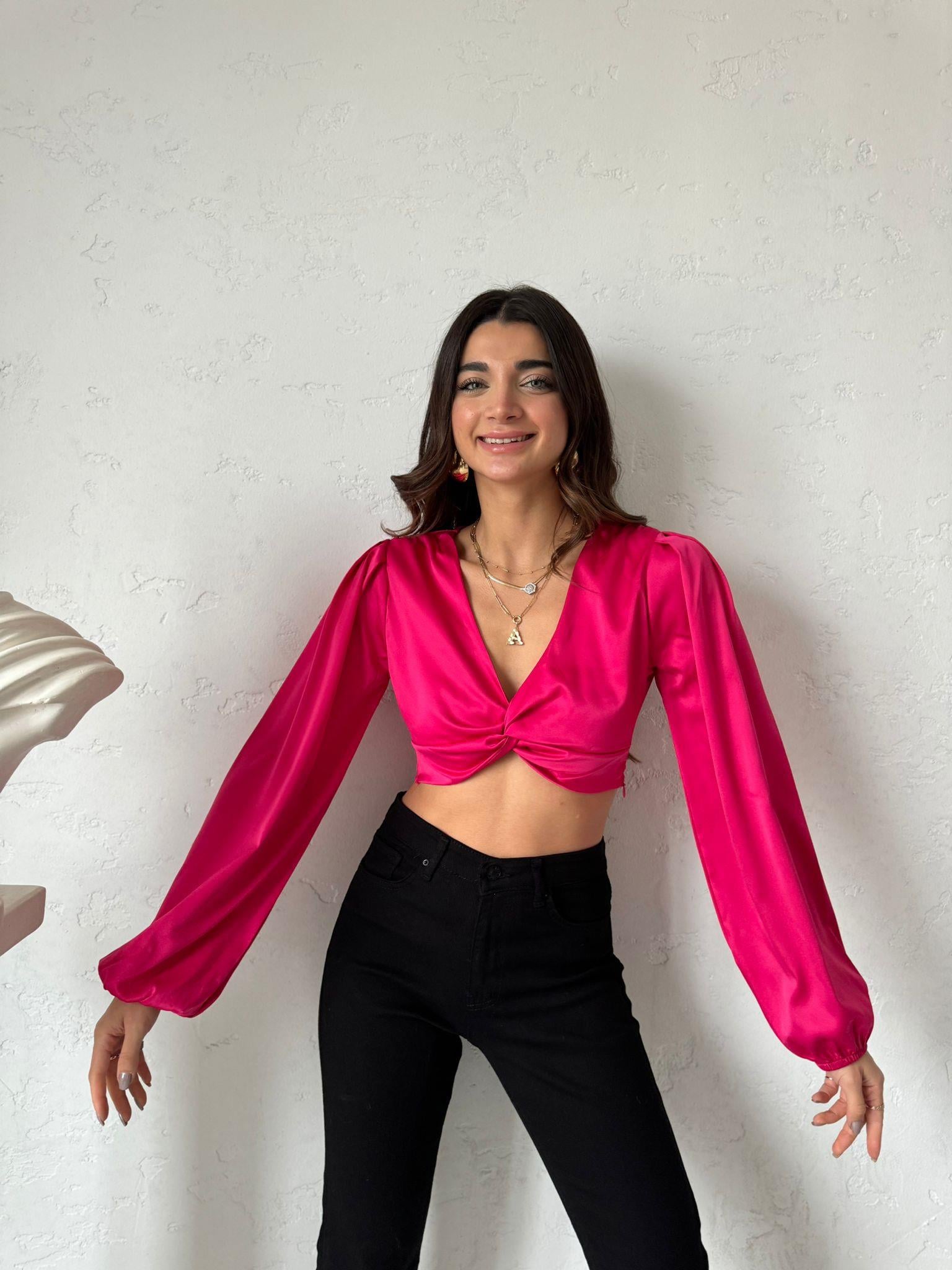 Fuşya Önü Düğümlü Crop Bluz