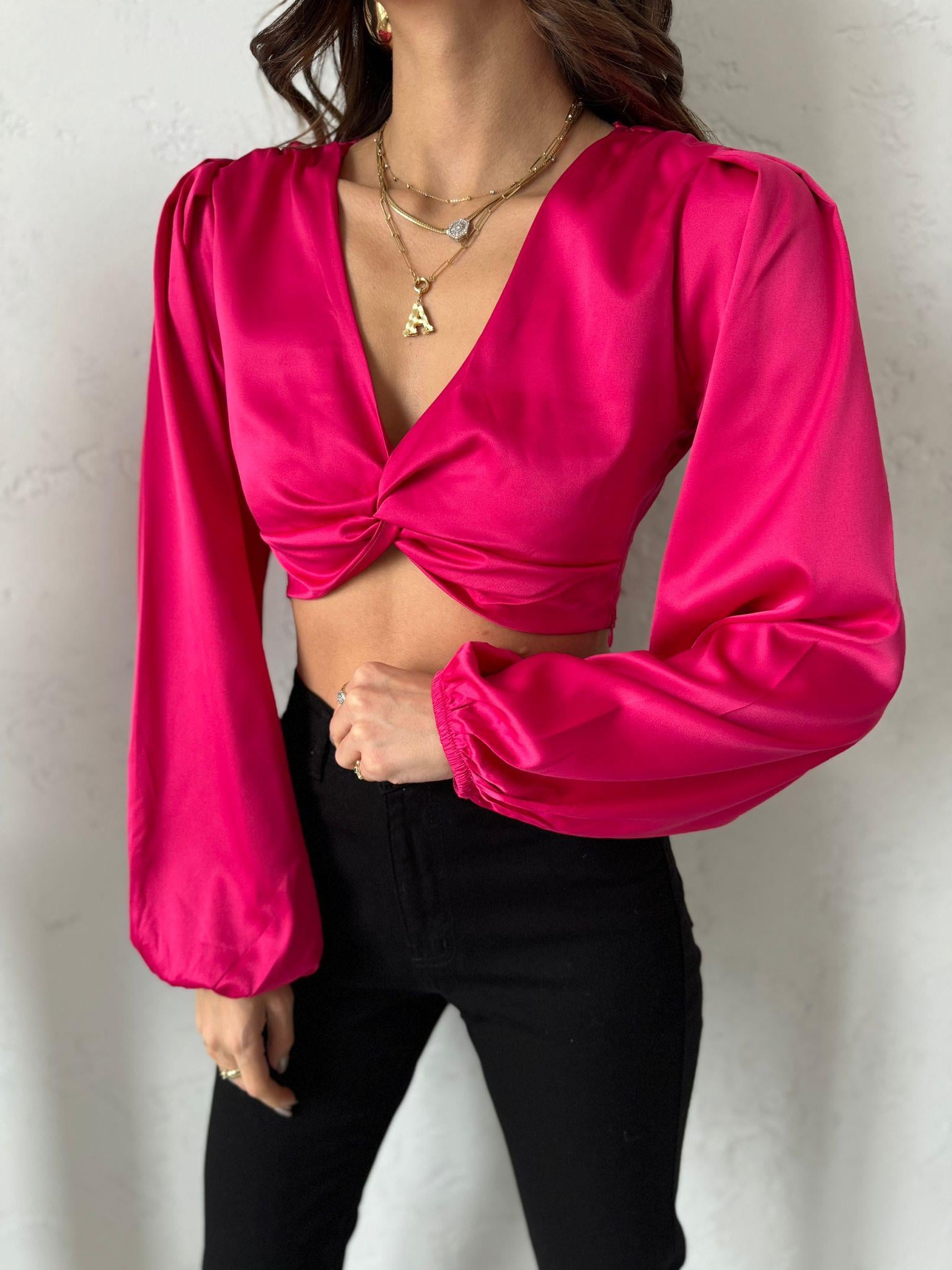 Fuşya Önü Düğümlü Crop Bluz