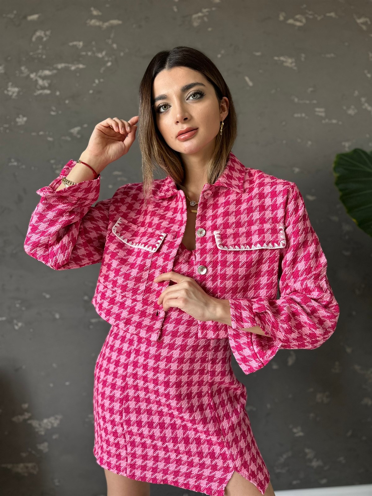 Fuşya Tüvit Crop Ceket