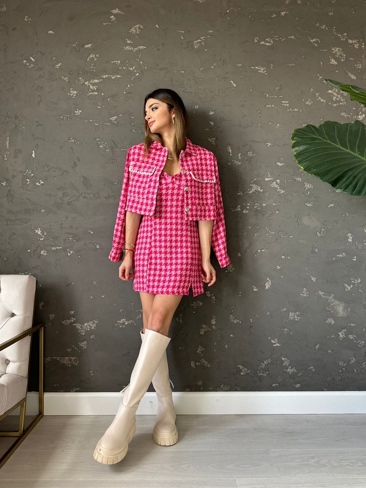 Fuşya Tüvit Crop Ceket