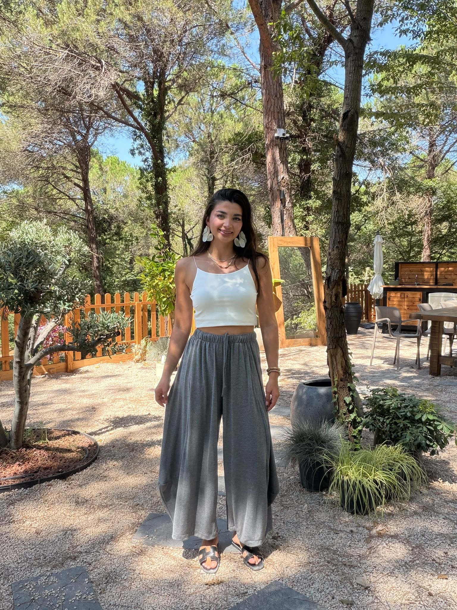 Gri Beli Lastikli Dikişli Şalvar Pantolon