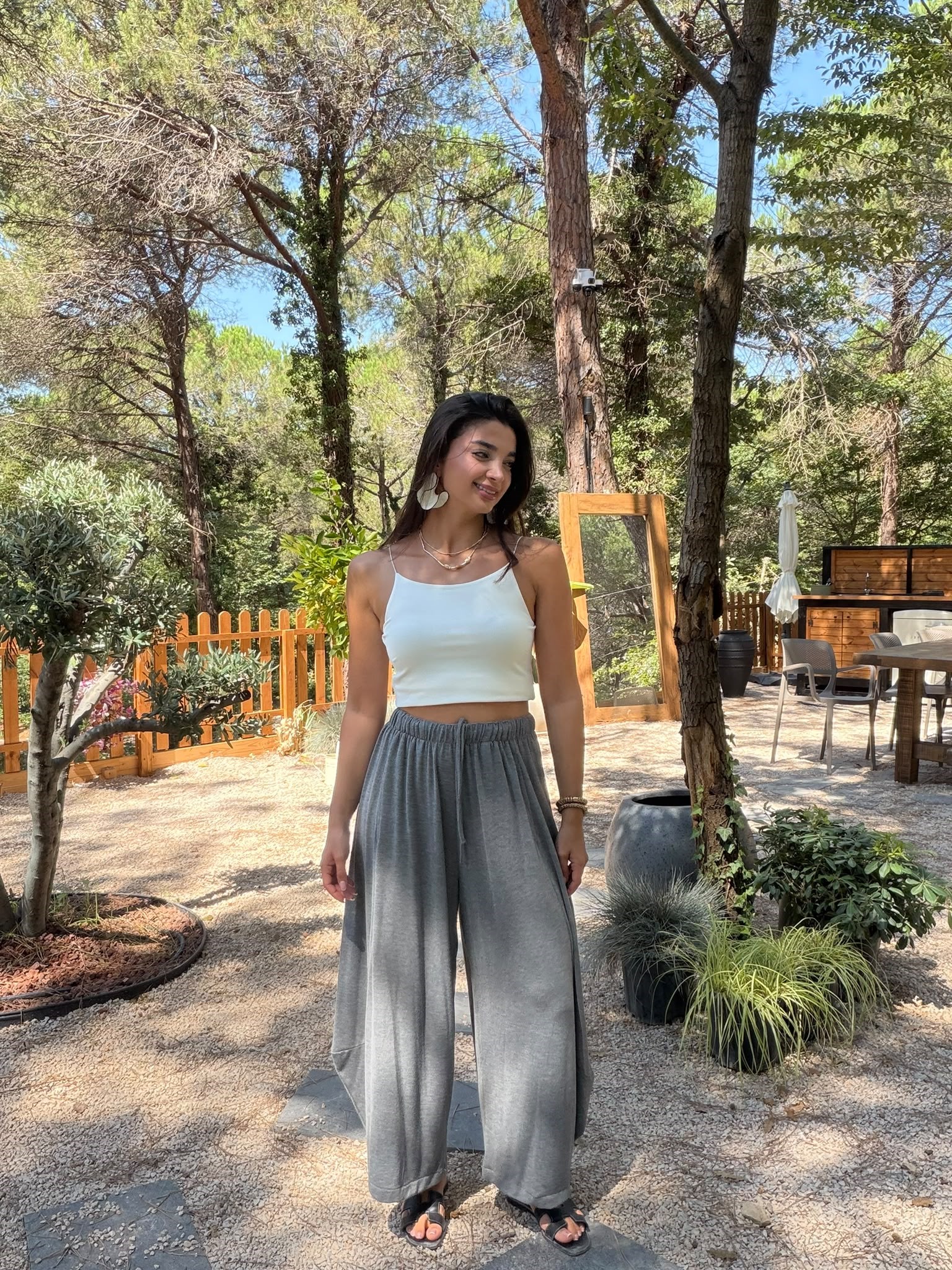 Gri Beli Lastikli Dikişli Şalvar Pantolon