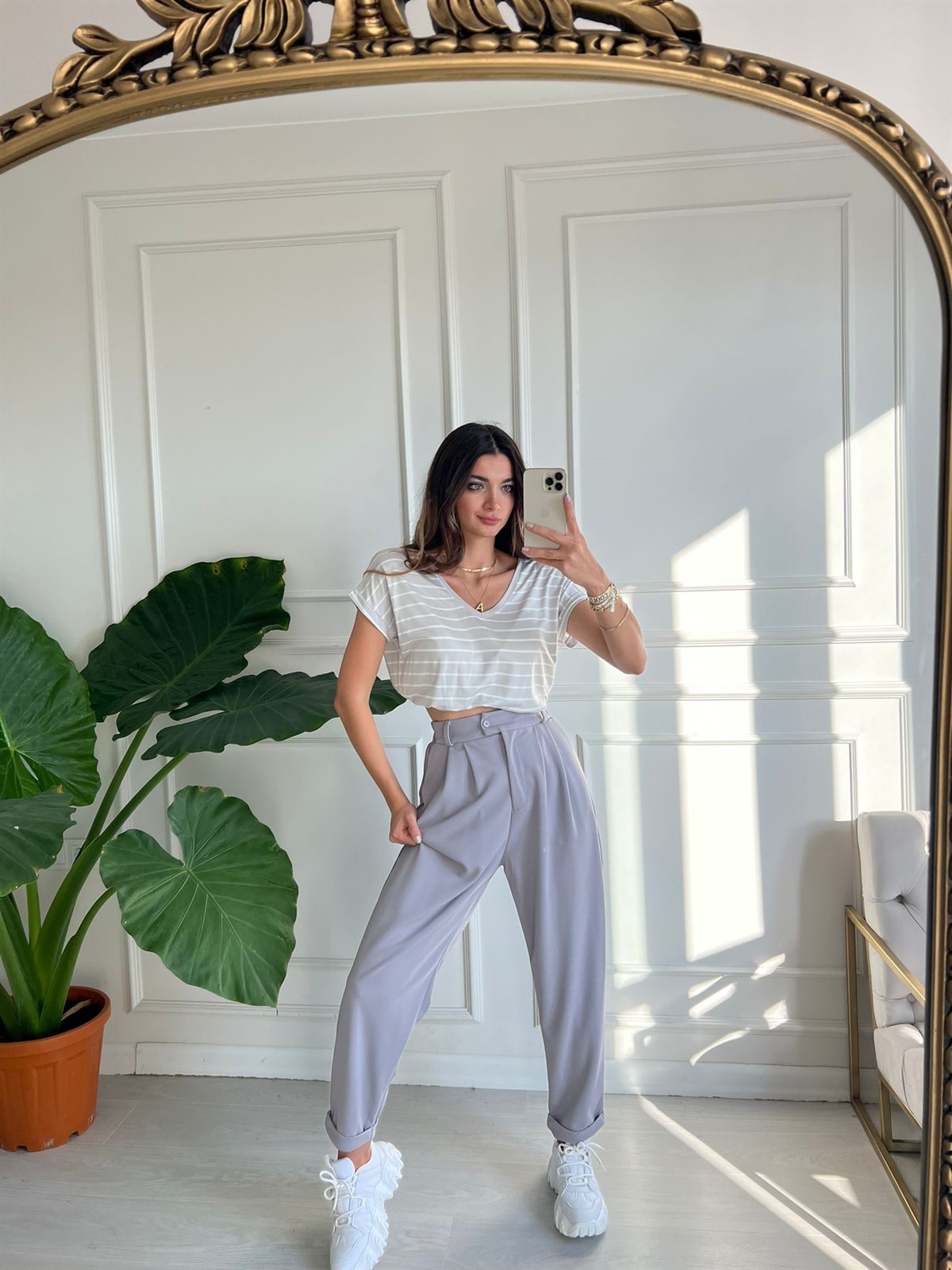 Gri Beli Lastikli Pantolon