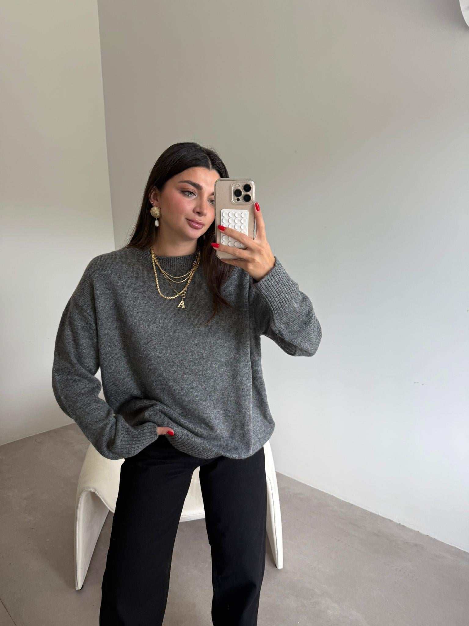 Gri Bisiklet Yaka Oversize Kazak