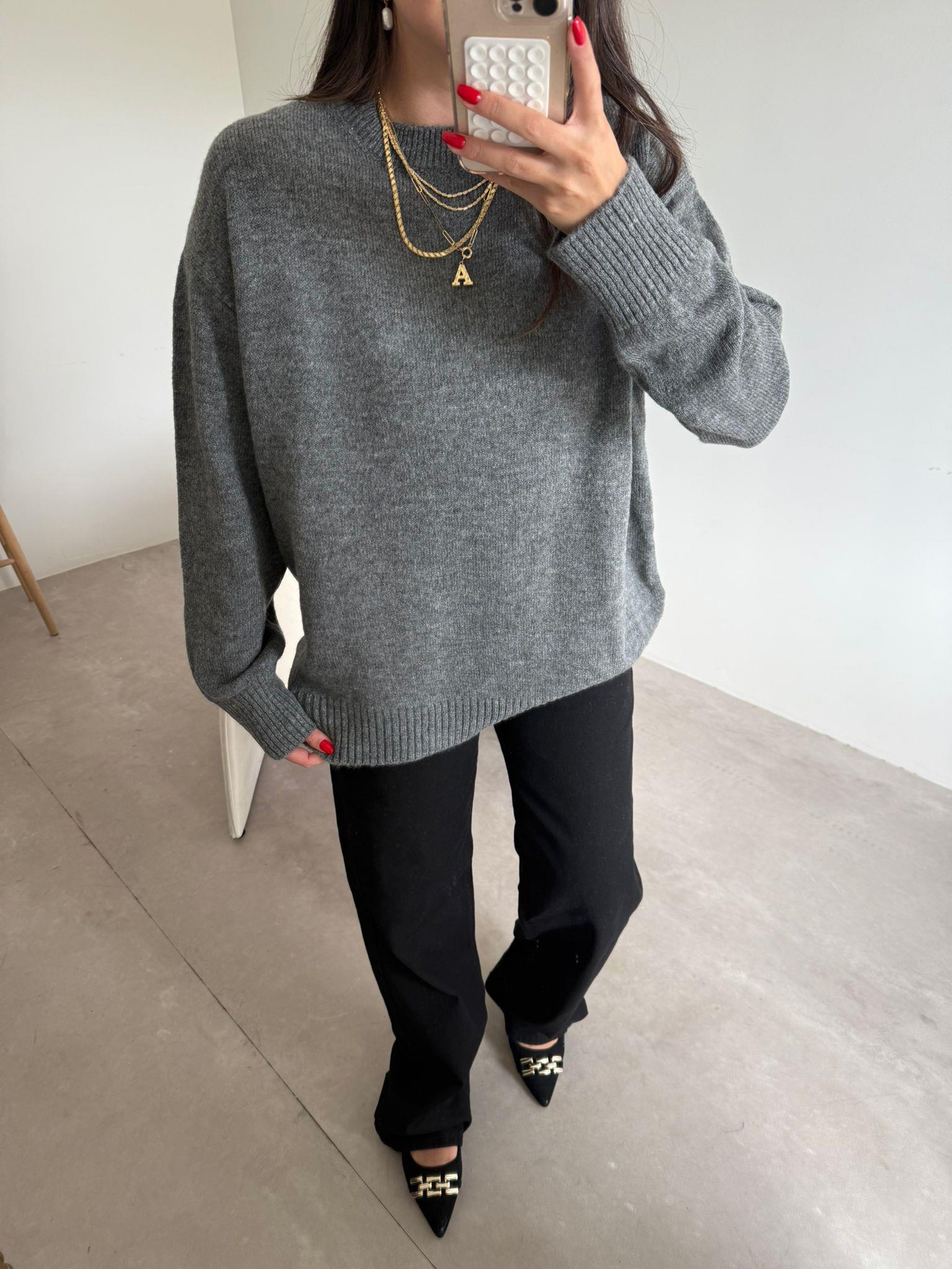 Gri Bisiklet Yaka Oversize Kazak