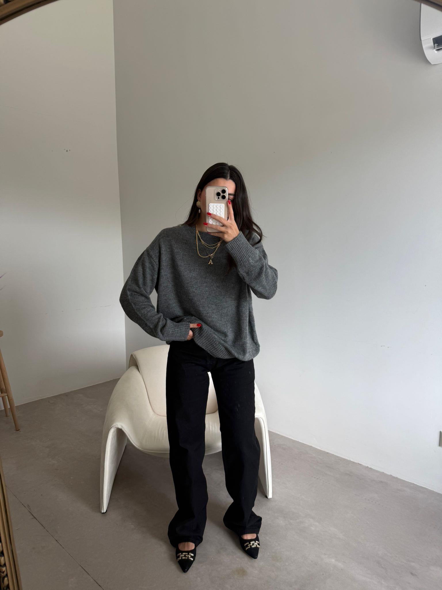 Gri Bisiklet Yaka Oversize Kazak