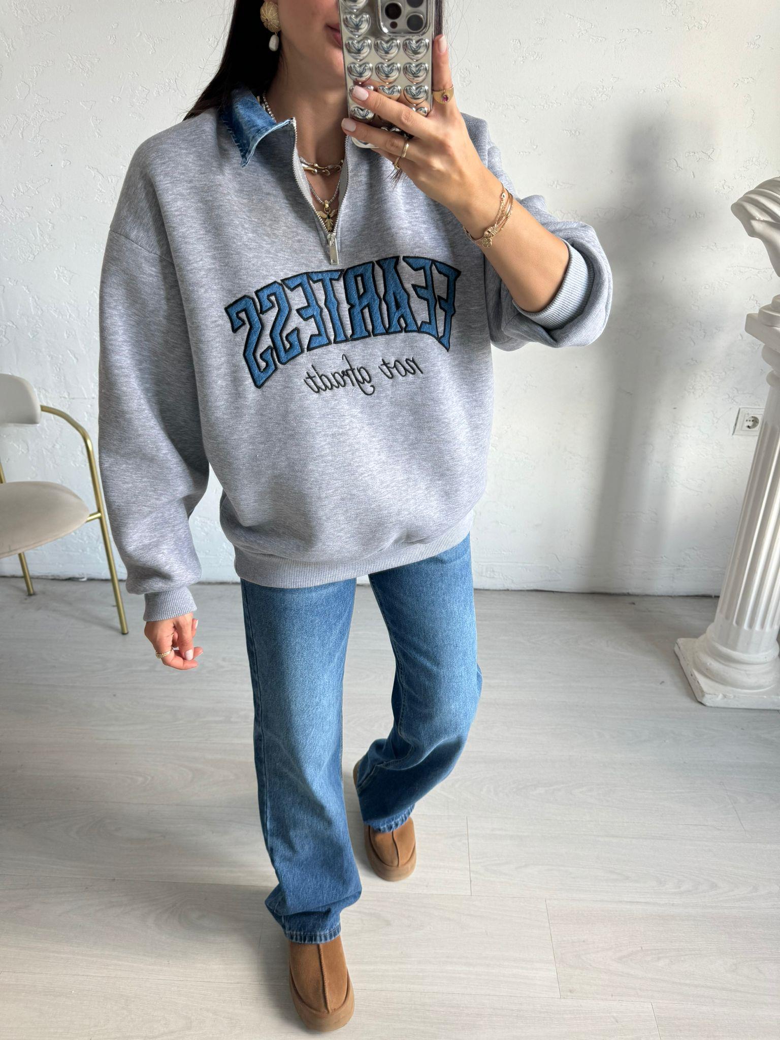 Gri Feartess Baskılı Sweat