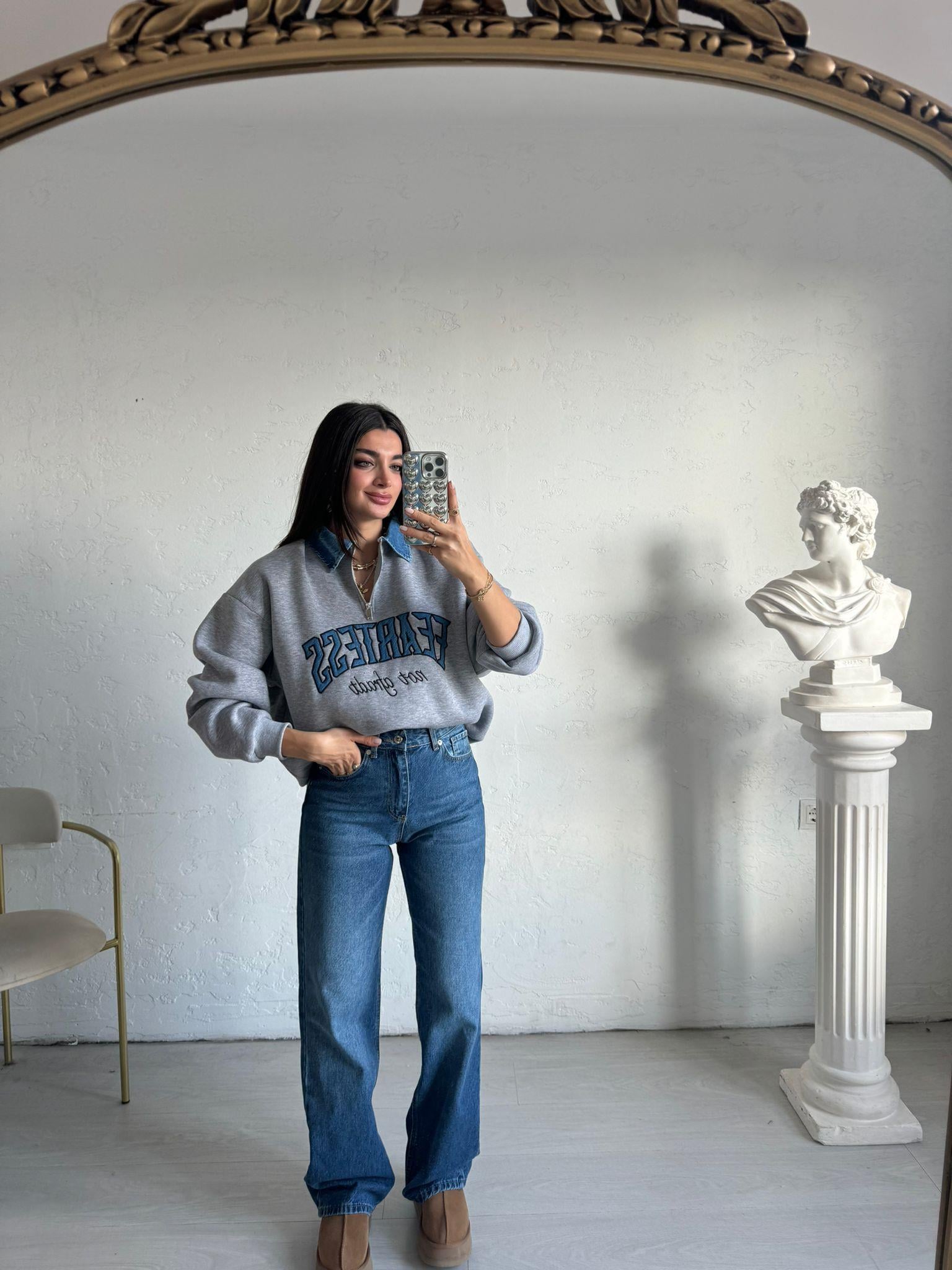 Gri Feartess Baskılı Sweat