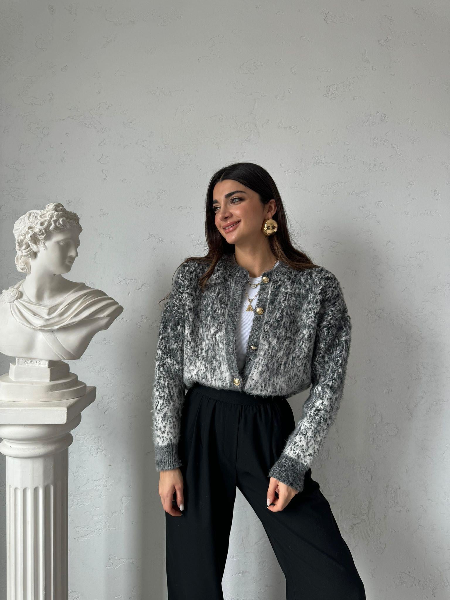 Gri Gold Düğmeli Vintage Hırka 