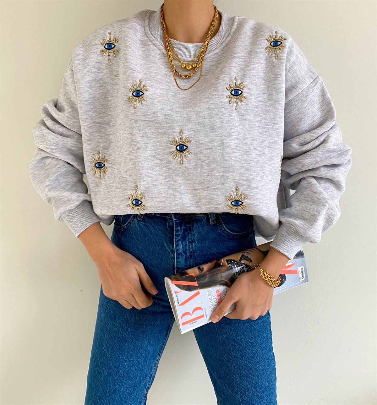 Gri Nakışlı Sweat