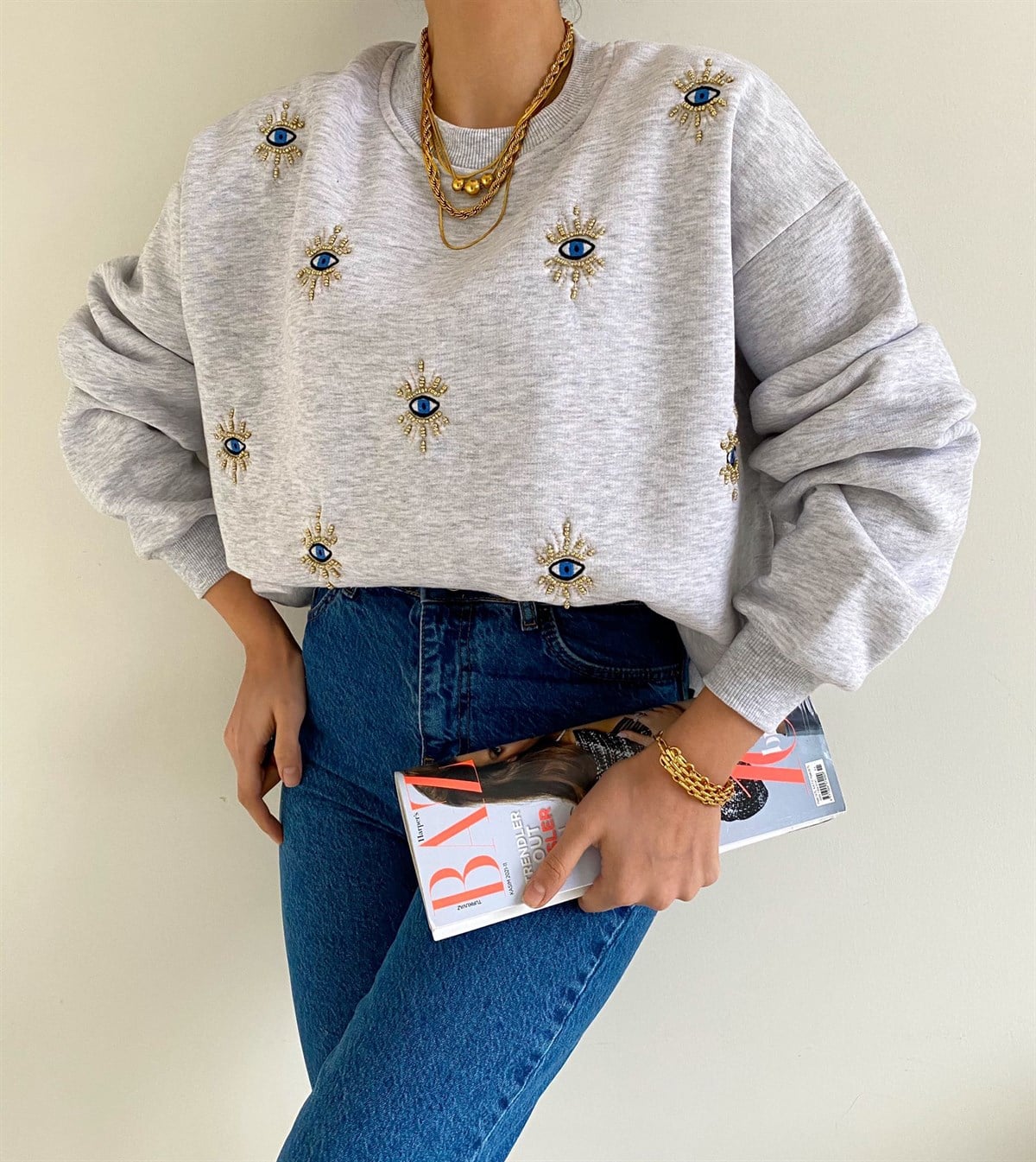 Gri Nakışlı Sweat