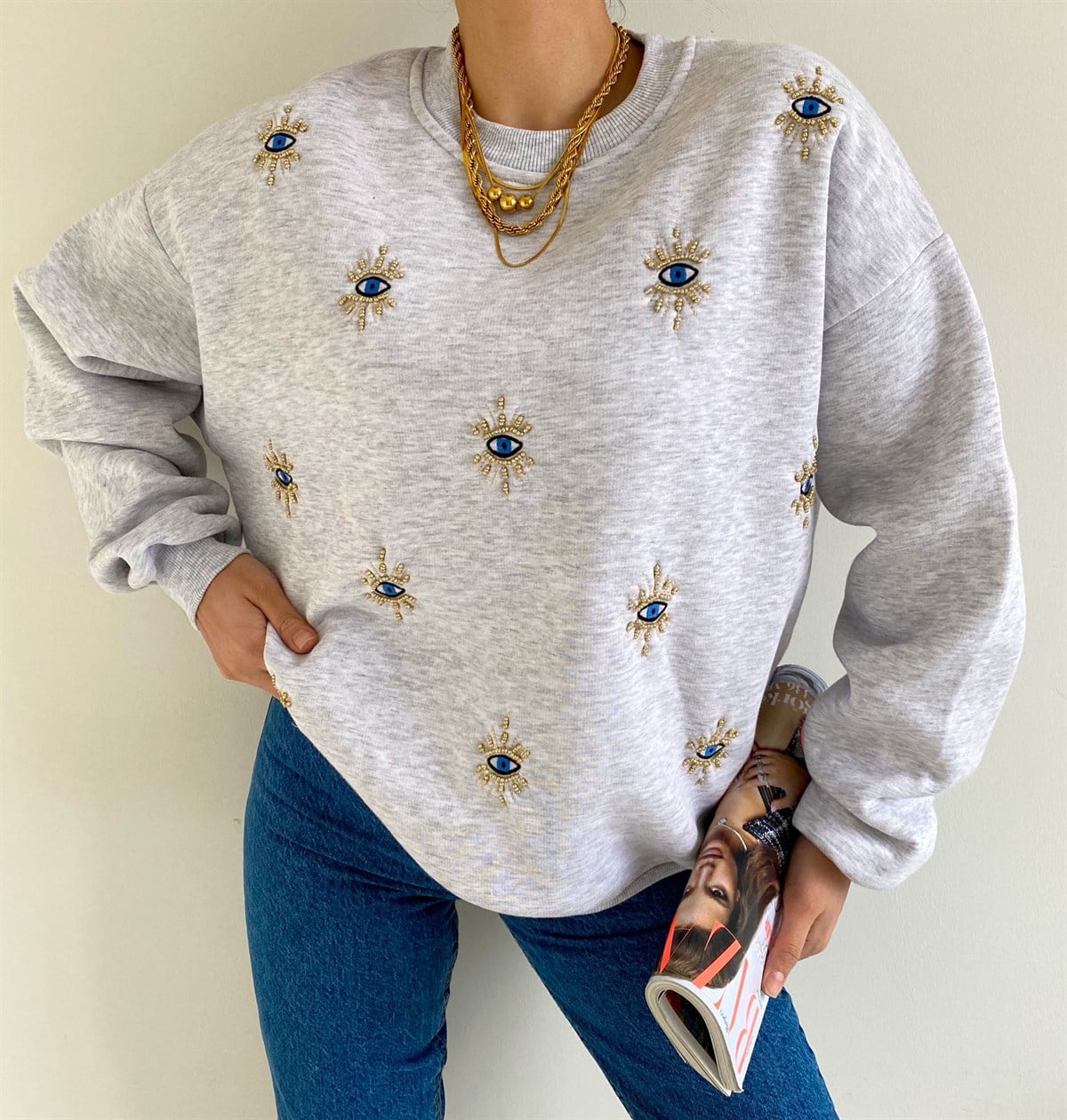 Gri Nakışlı Sweat