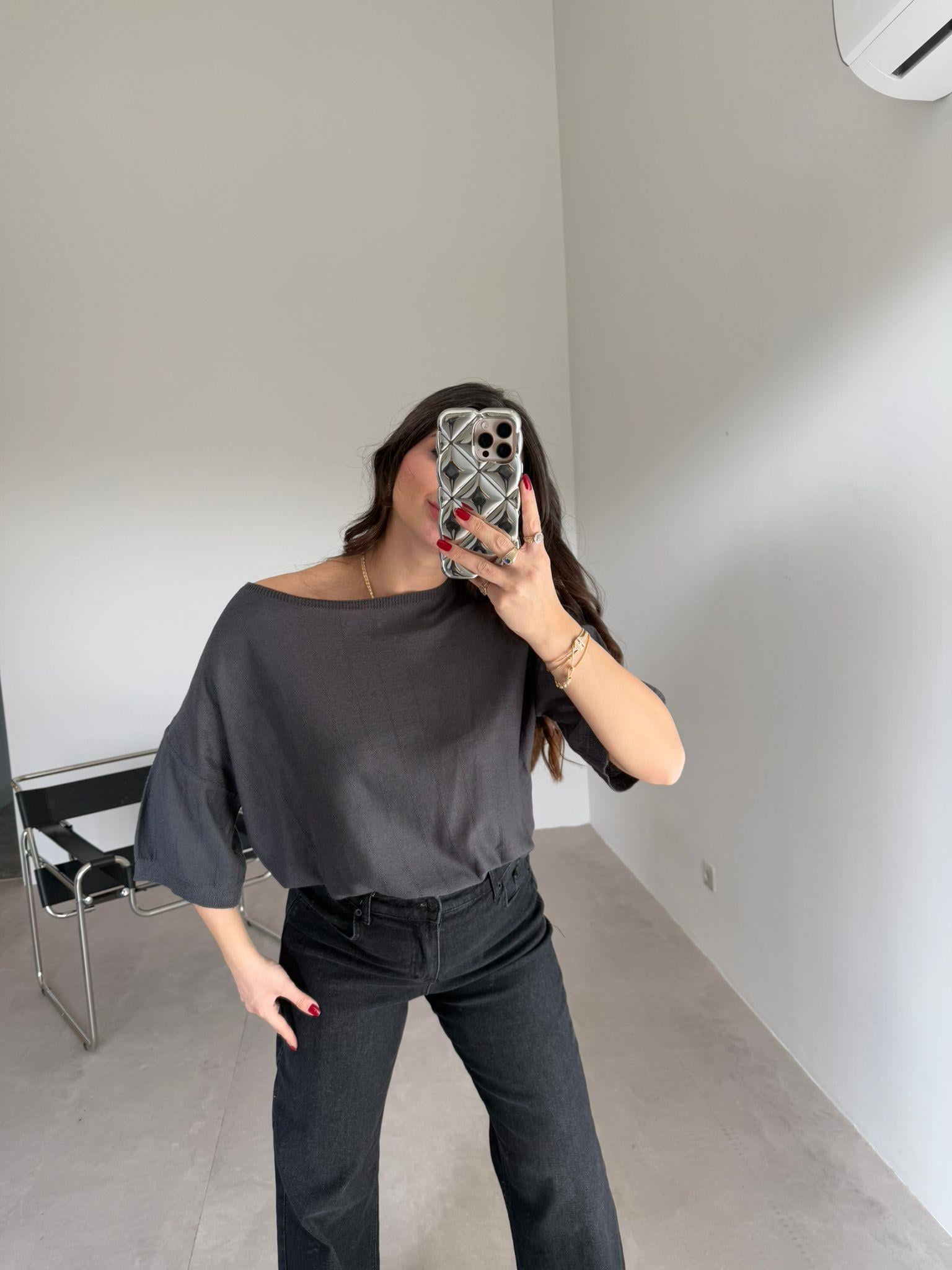 Gri Oversize Kısa Kol More Bluz