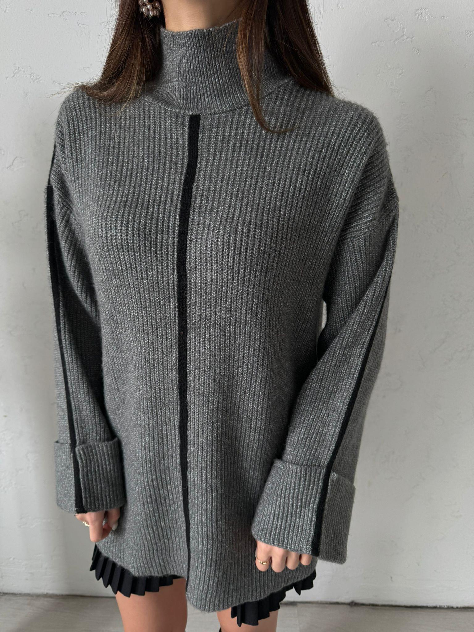 Gri Siyah Şeritli Oversize Kazak 