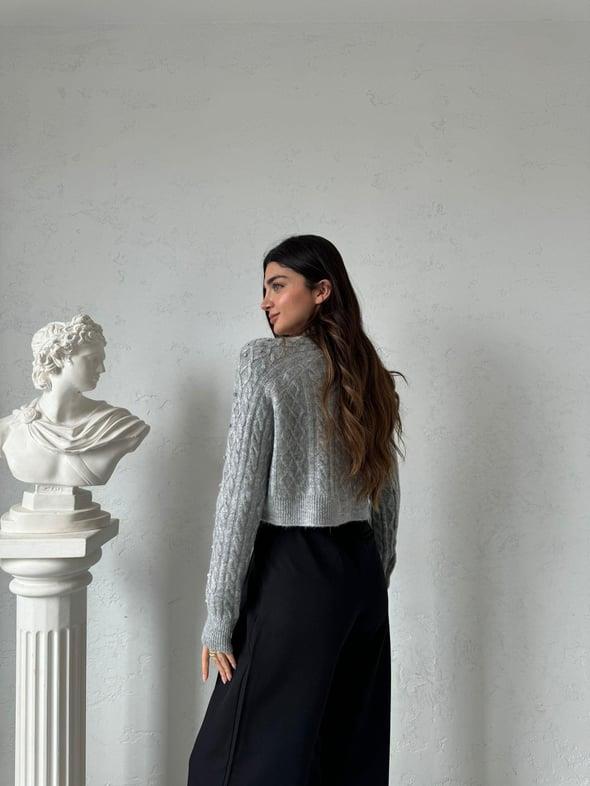 Gri Taş Detaylı Crop Hırka