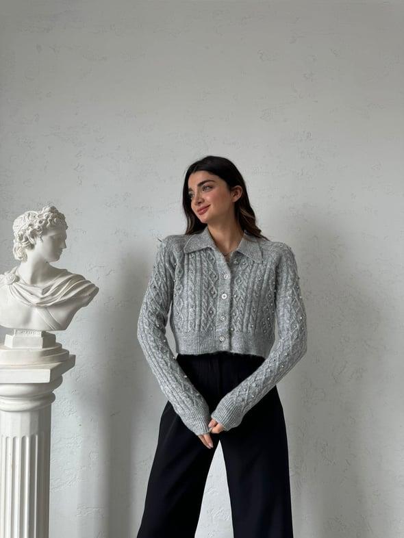Gri Taş Detaylı Crop Hırka