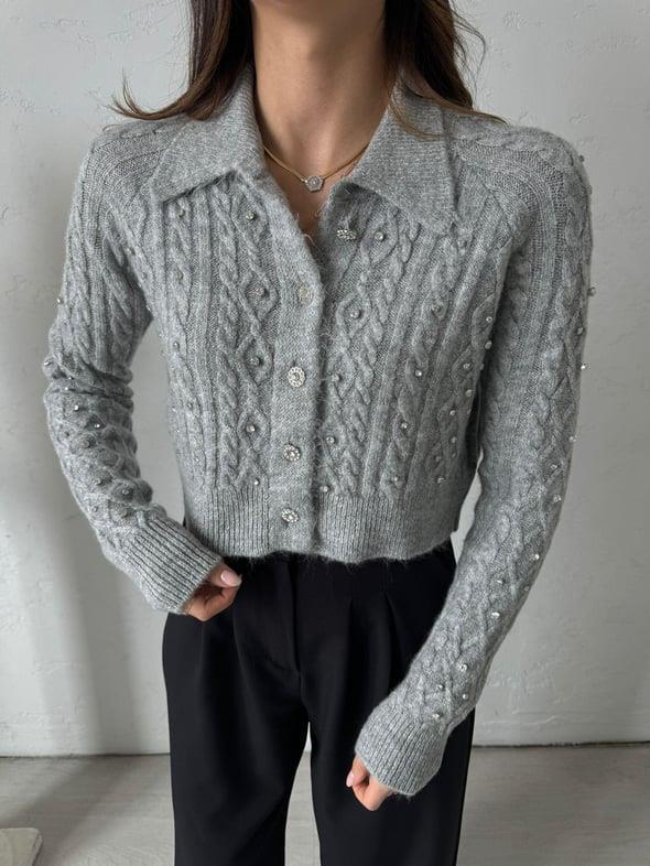 Gri Taş Detaylı Crop Hırka