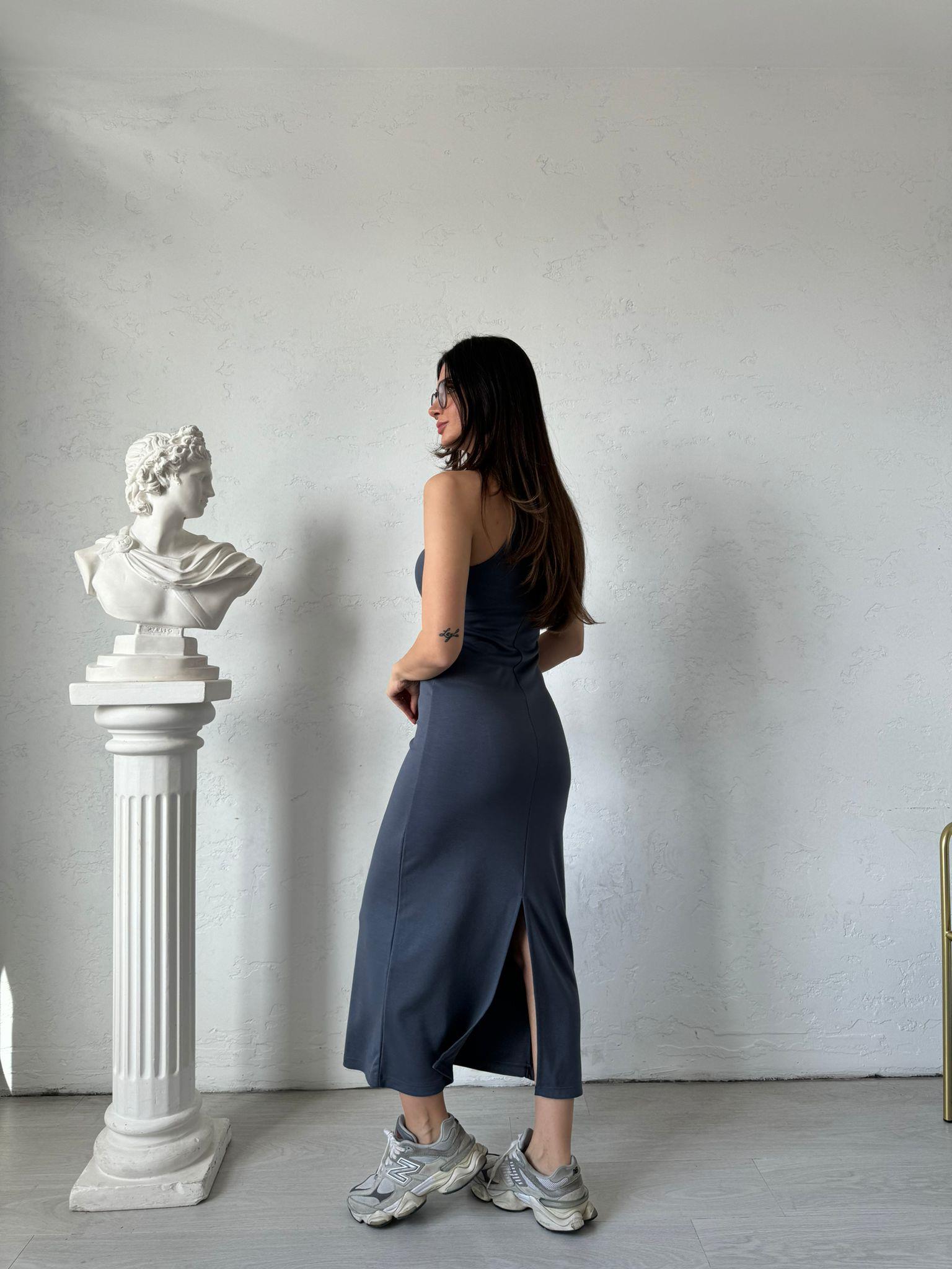 Gri Yırtmaçlı Basic Elbise