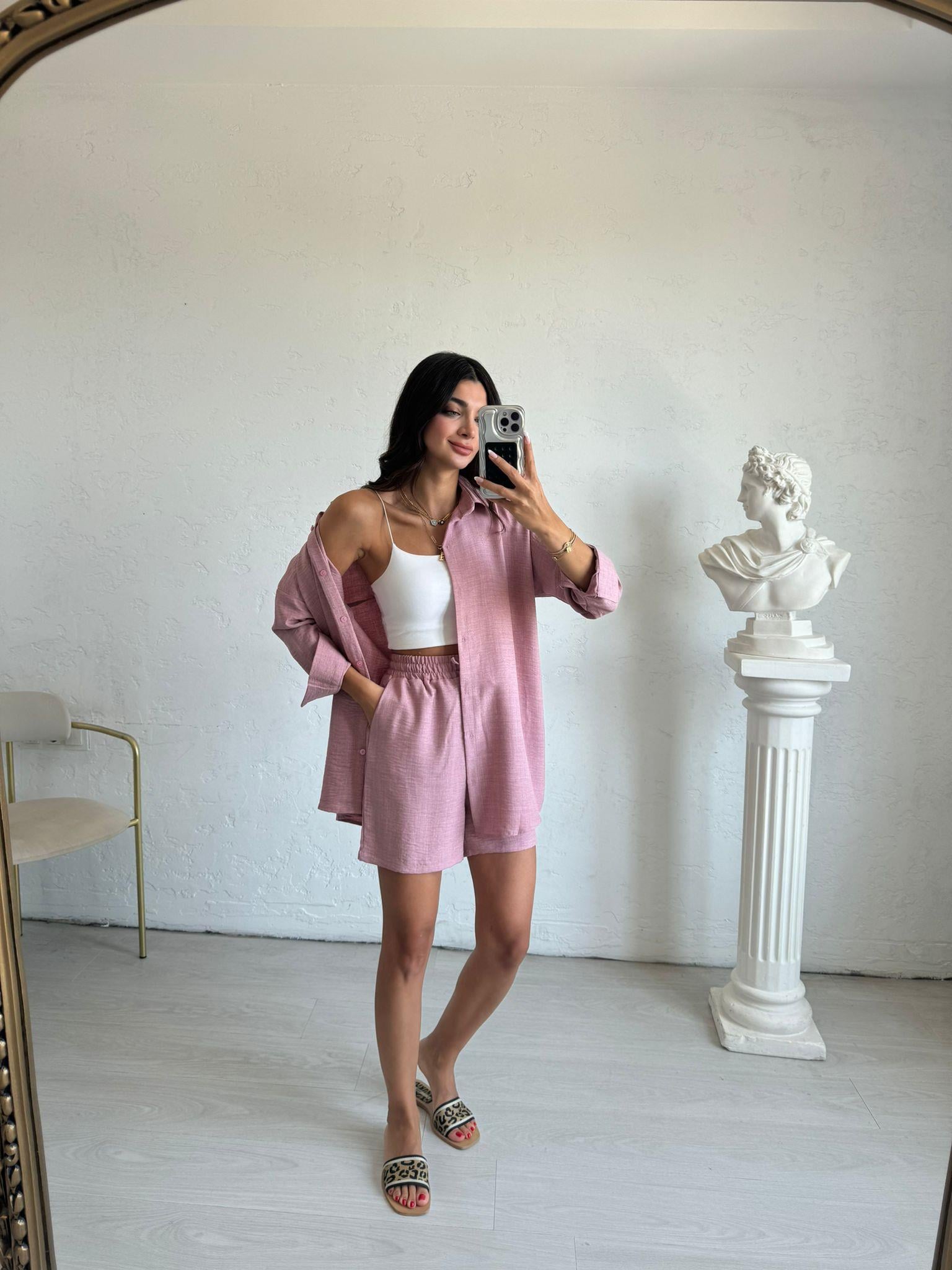 Gül Kurusu Şortlu Gömlek Takım