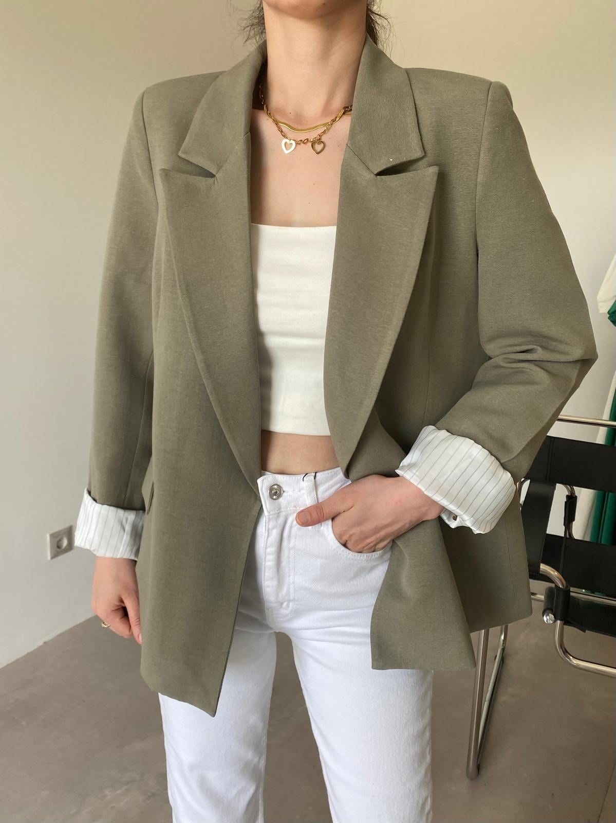 Haki Astarlı Keten Blazer Ceket