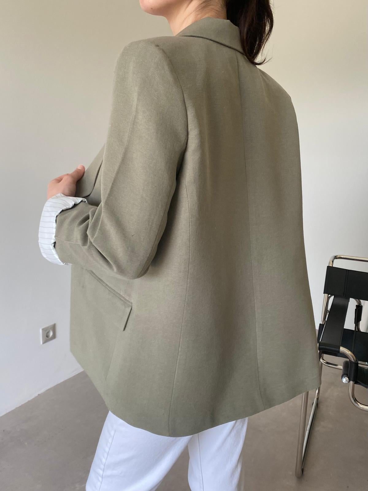 Haki Astarlı Keten Blazer Ceket