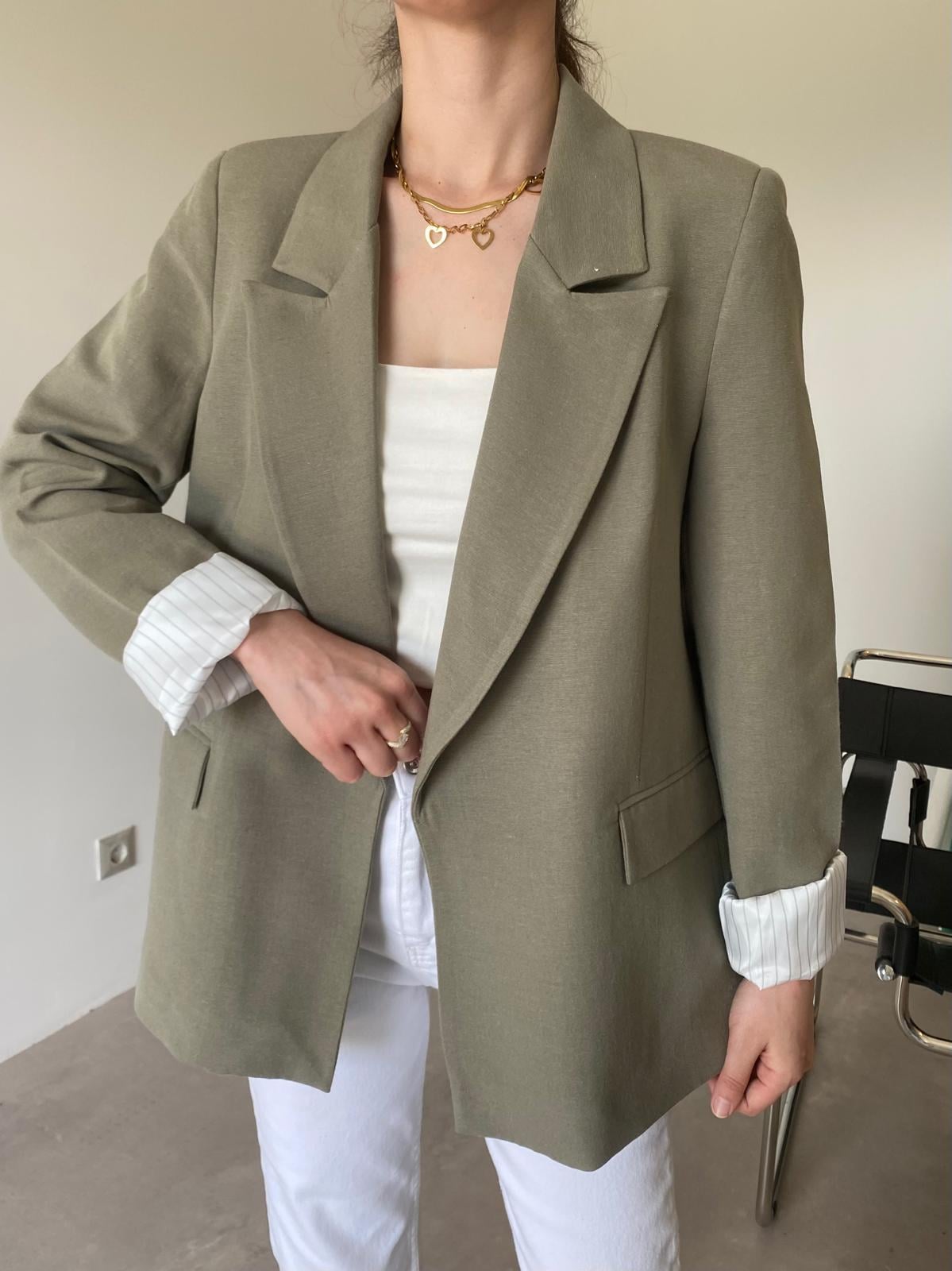 Haki Astarlı Keten Blazer Ceket