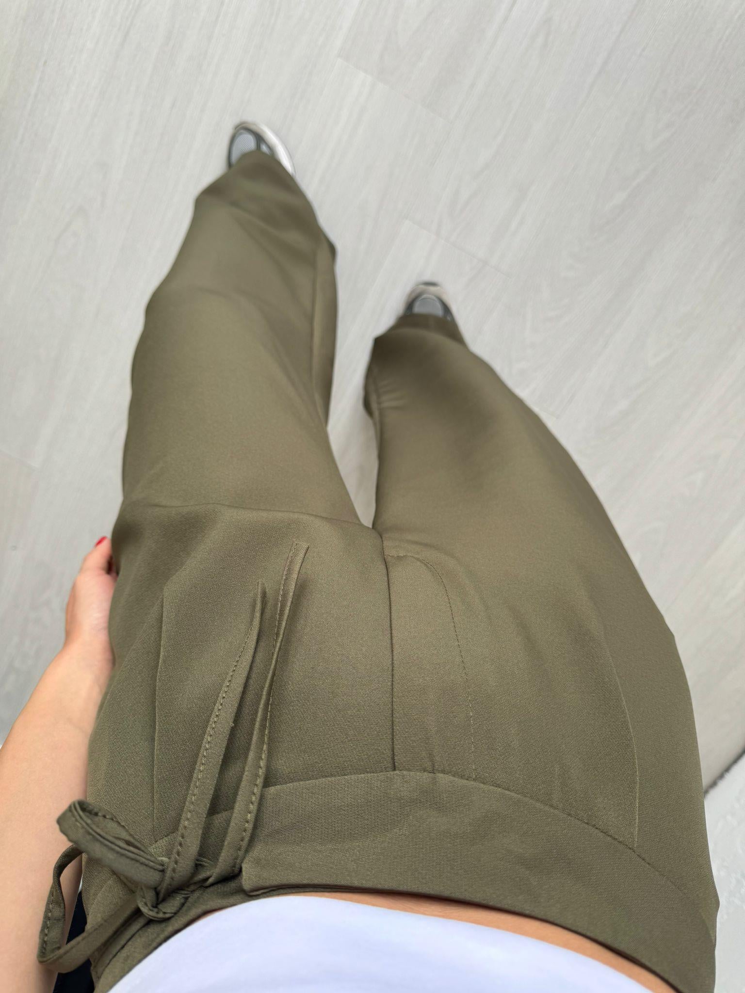 Haki Beli Bağcıklı Palazzo Pantolon