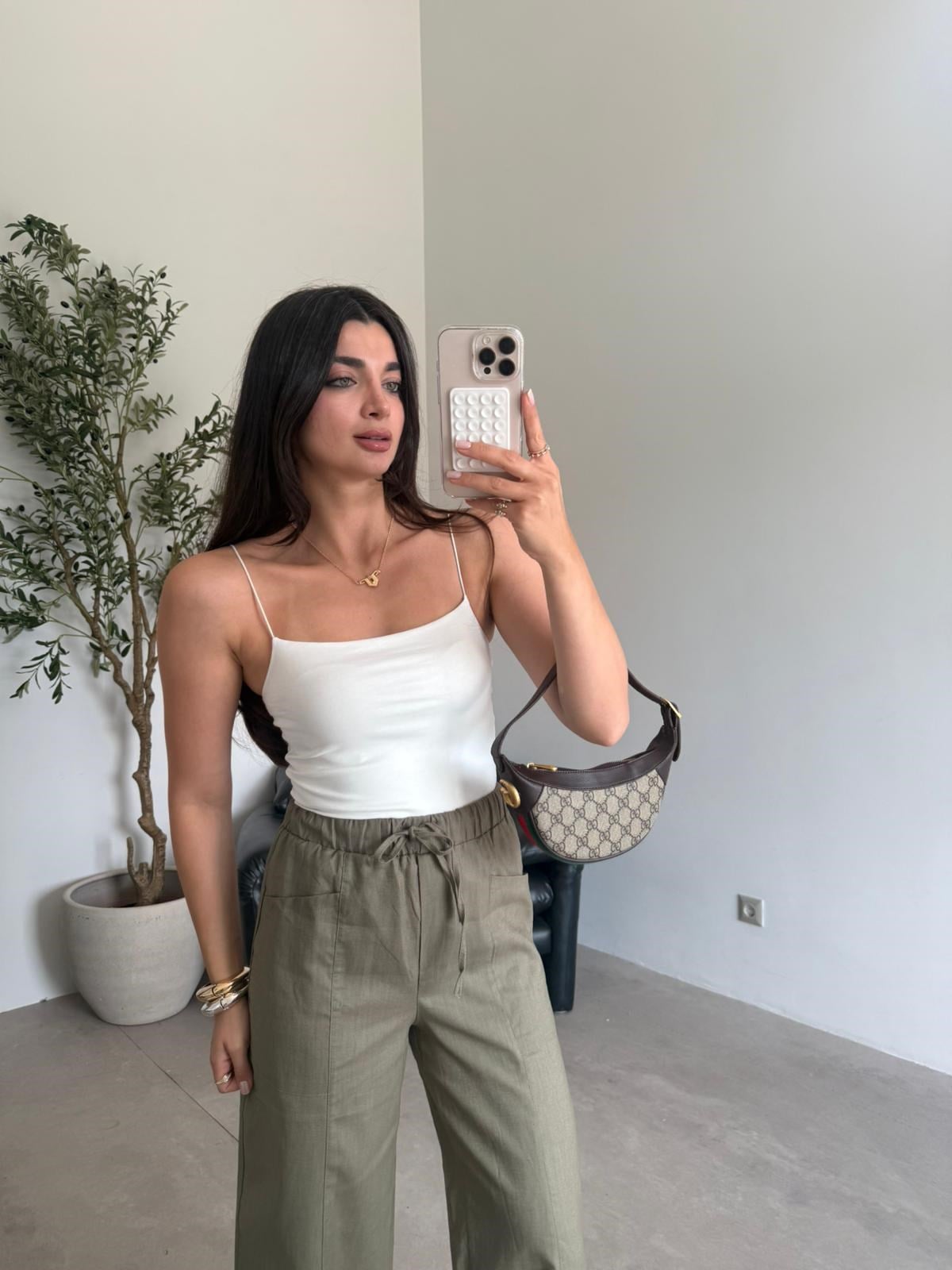 Haki Beli Lastikli Cepli Keten Pantolon