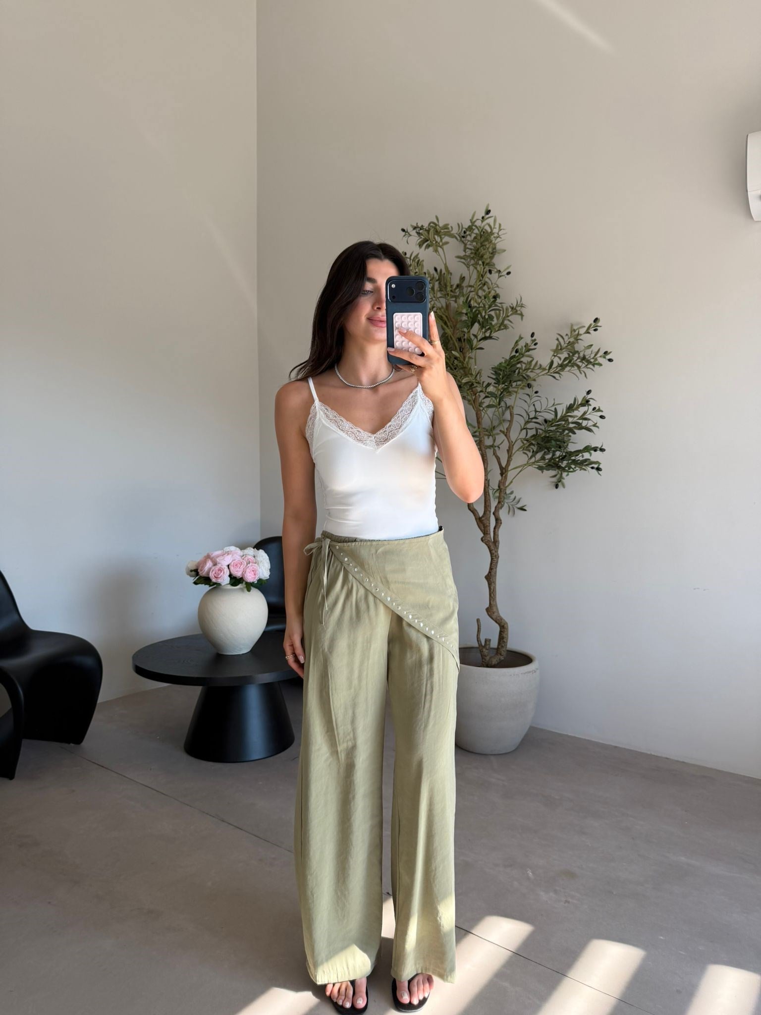 Haki Beli Lastikli Drop Şallı Pantolon