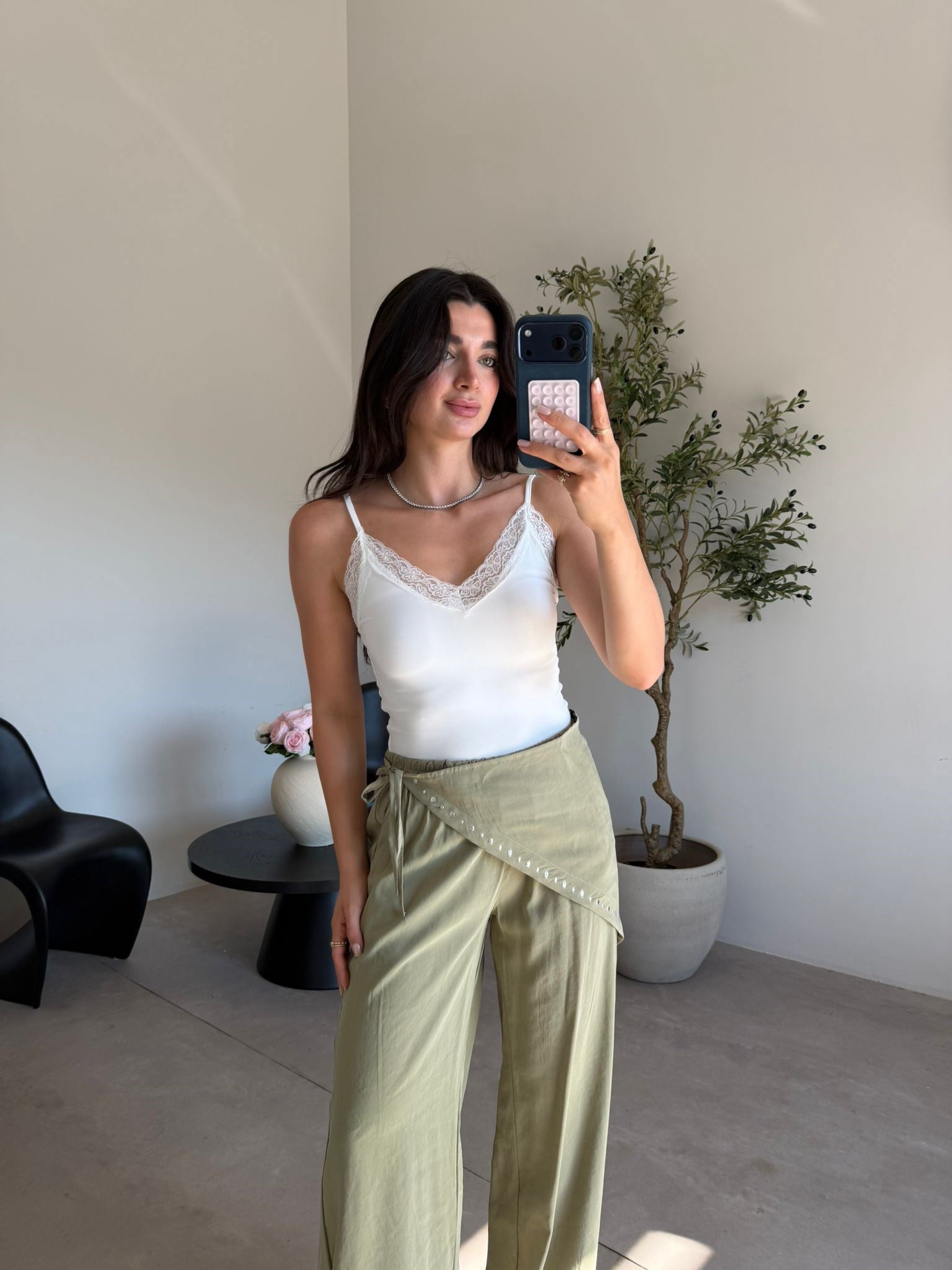 Haki Beli Lastikli Drop Şallı Pantolon