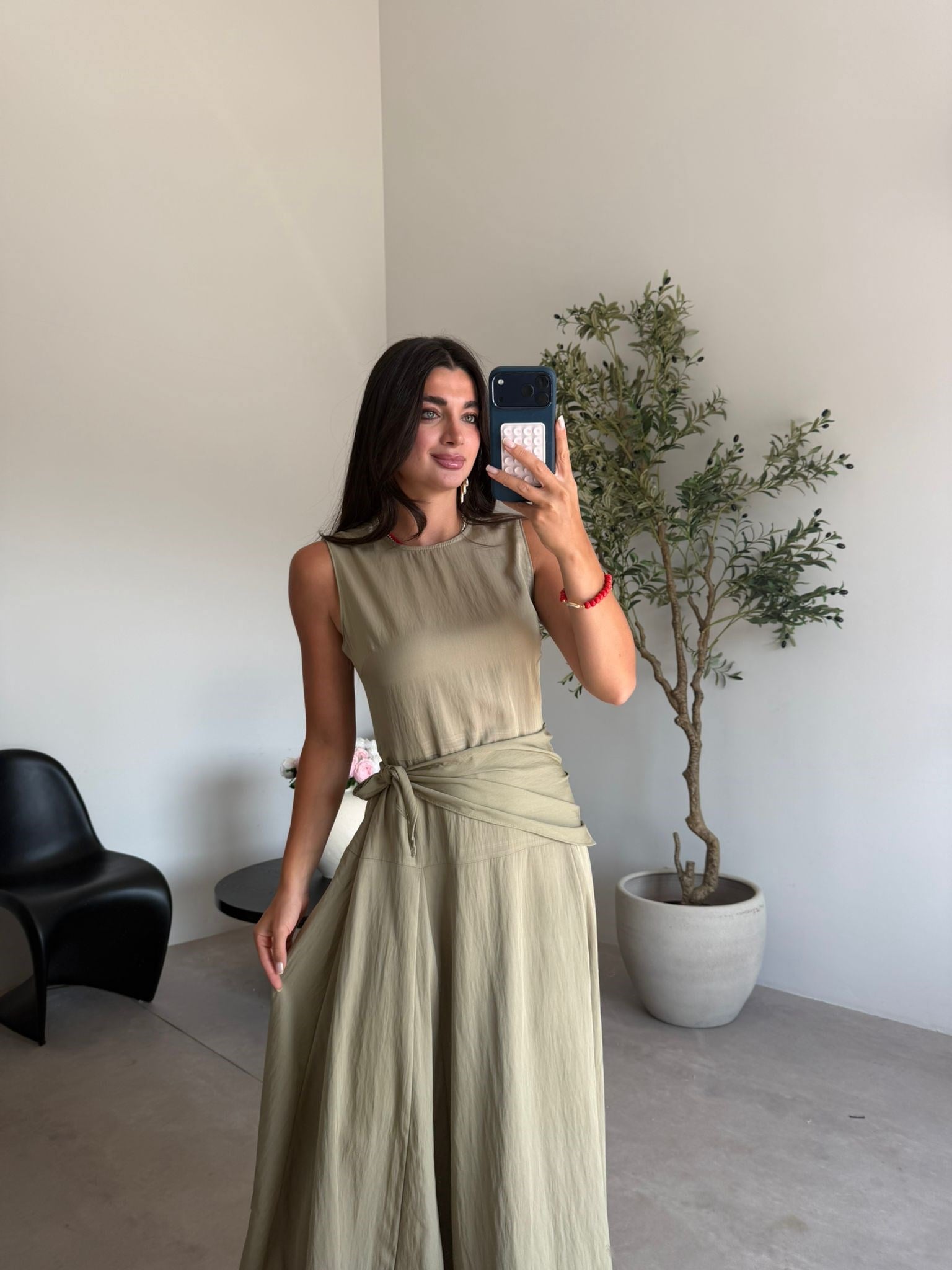 Haki Beli Şal Bağlamalı Elbise