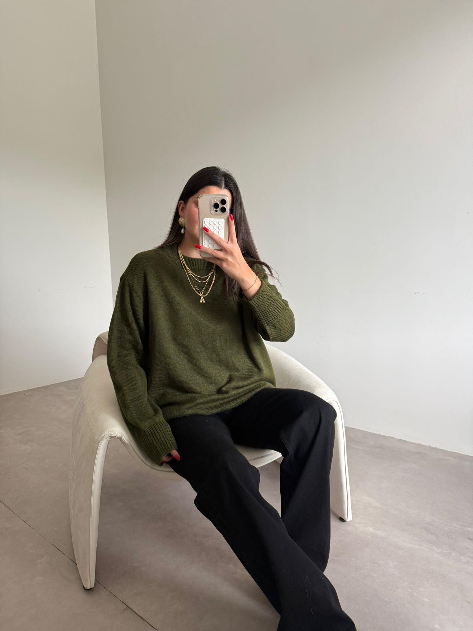 Haki Bisiklet Yaka Oversize Kazak