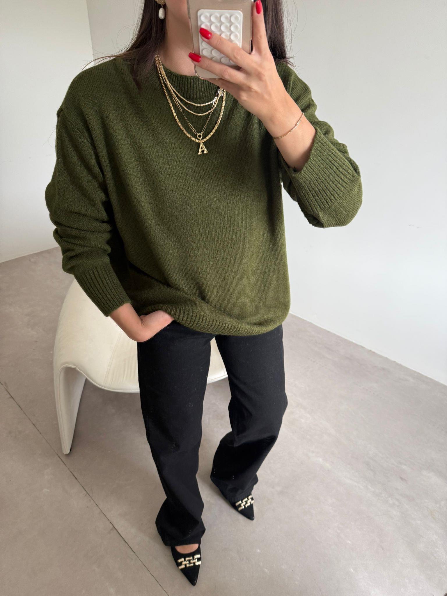 Haki Bisiklet Yaka Oversize Kazak