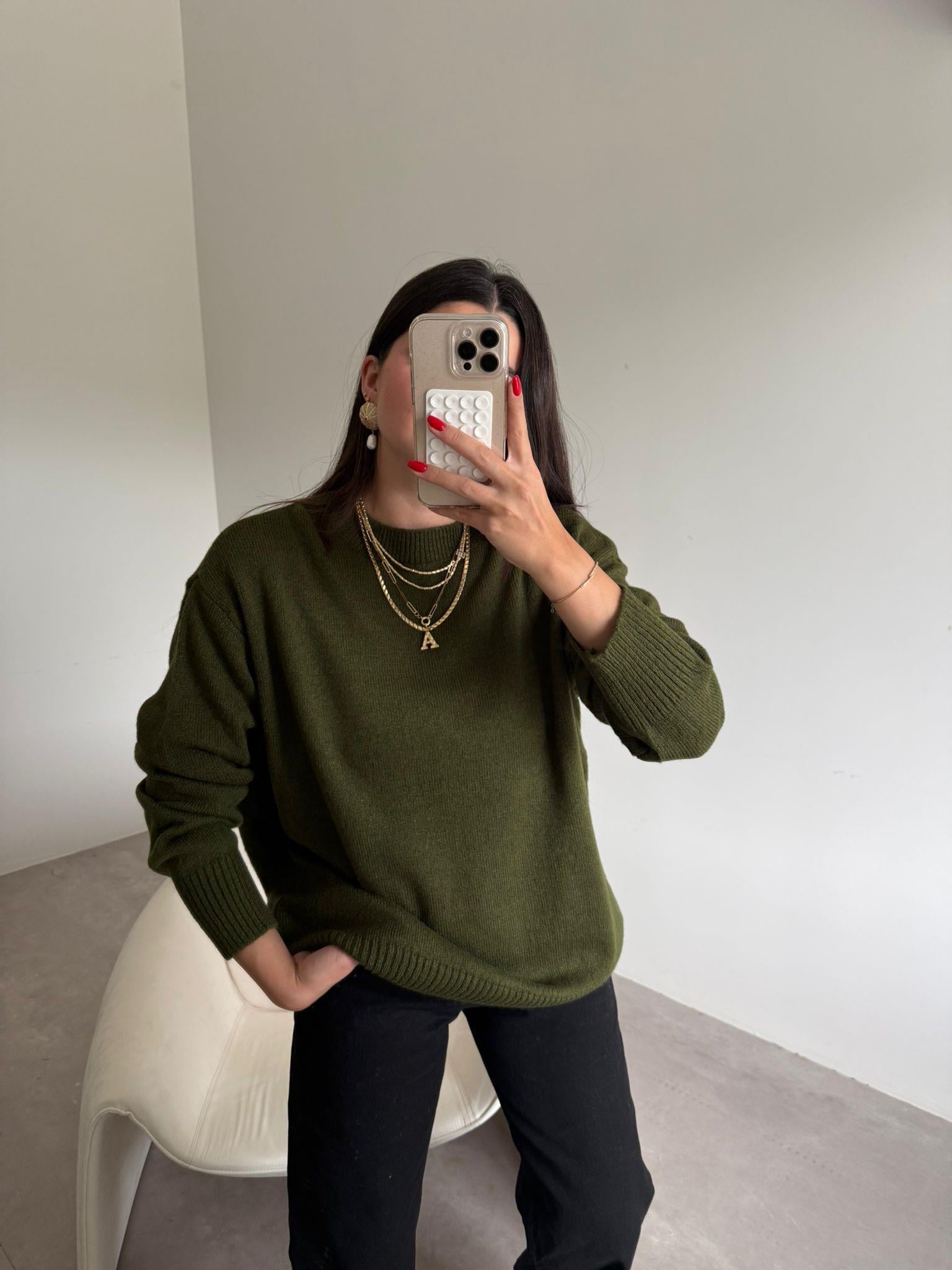 Haki Bisiklet Yaka Oversize Kazak