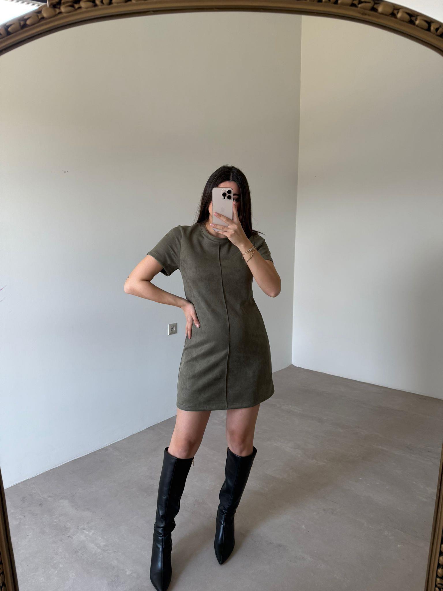 Haki Biye Detaylı Mini Elbise