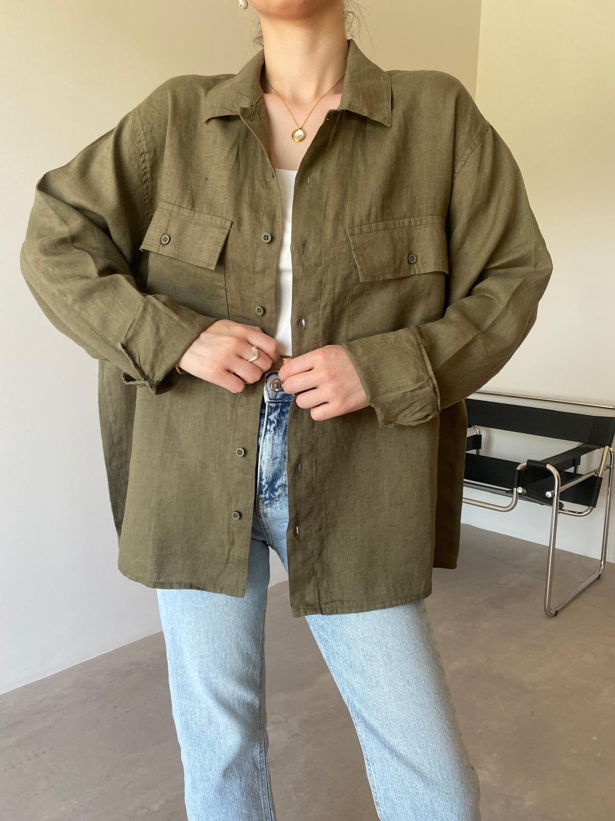 Haki Çift Cepli Ham Keten Gömlek