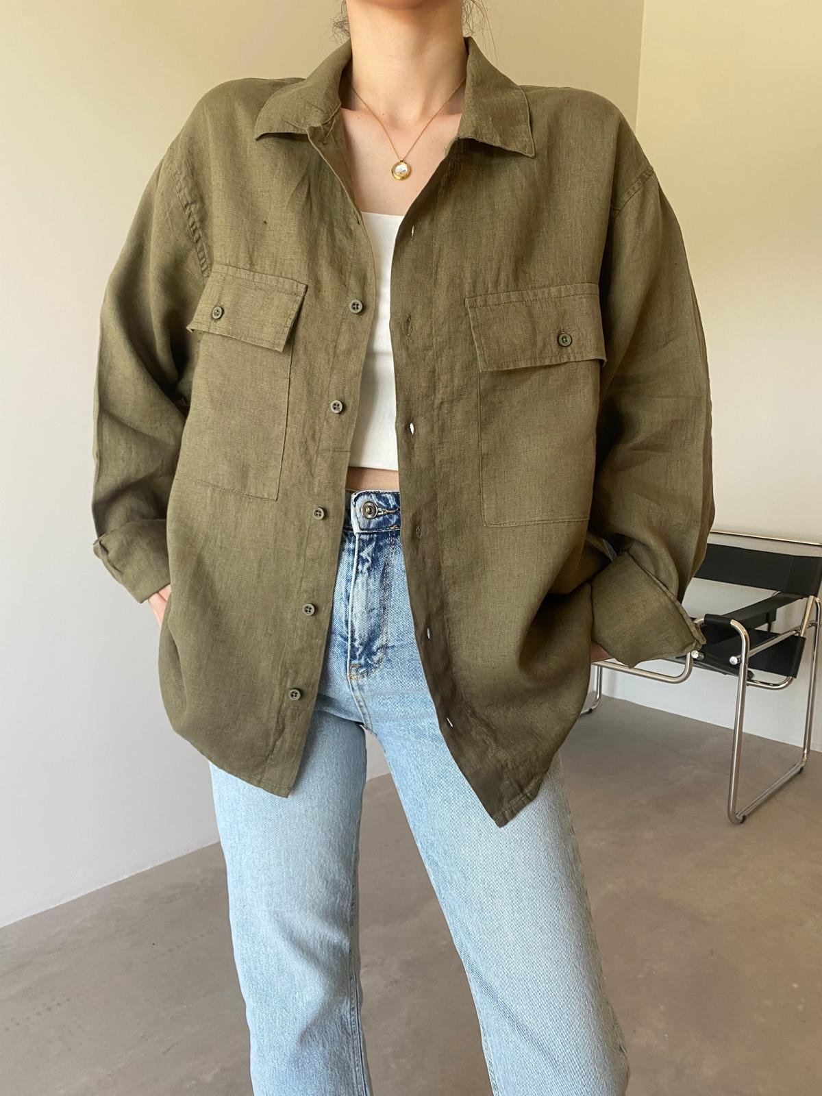 Haki Çift Cepli Ham Keten Gömlek