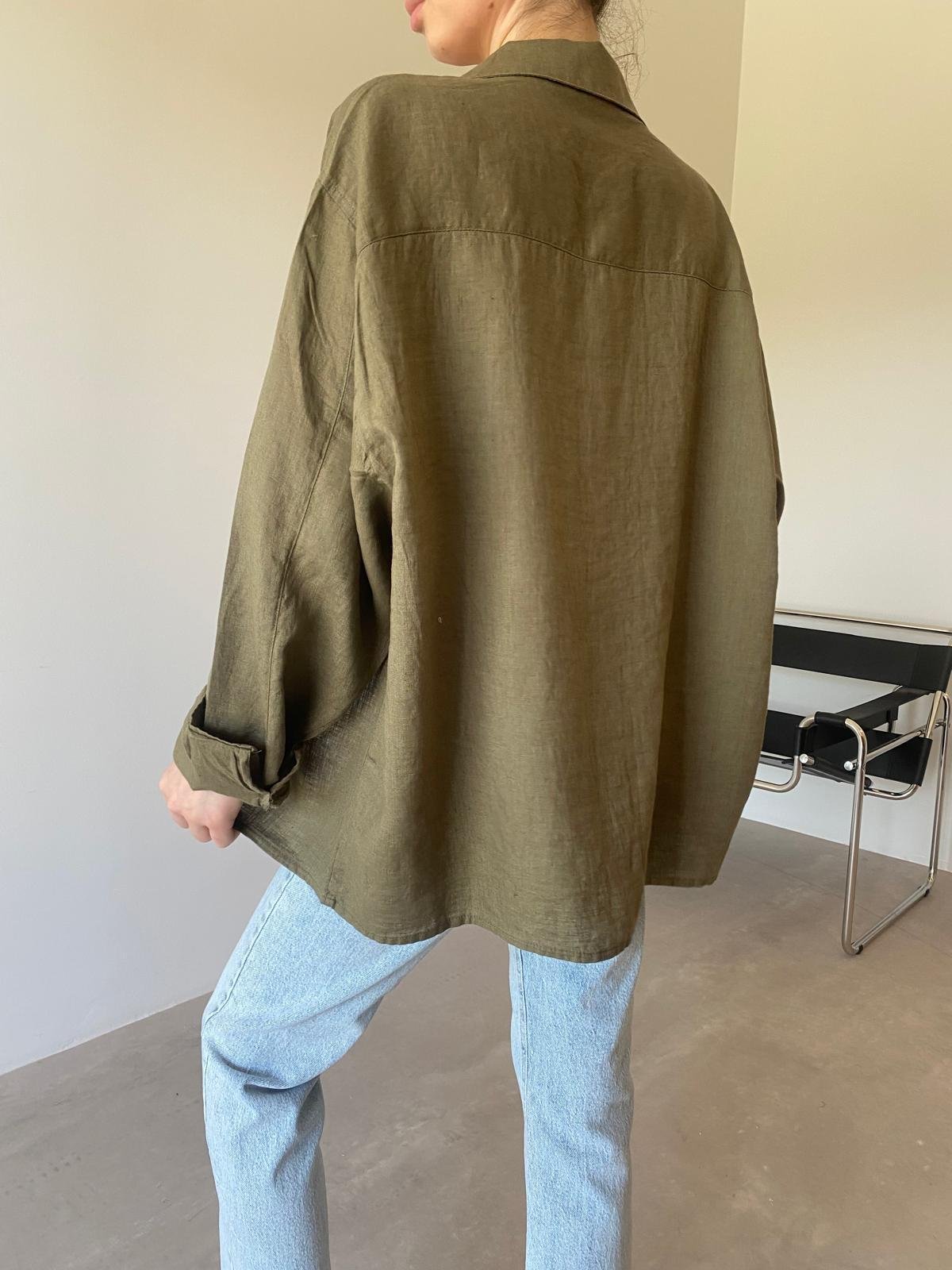 Haki Çift Cepli Ham Keten Gömlek
